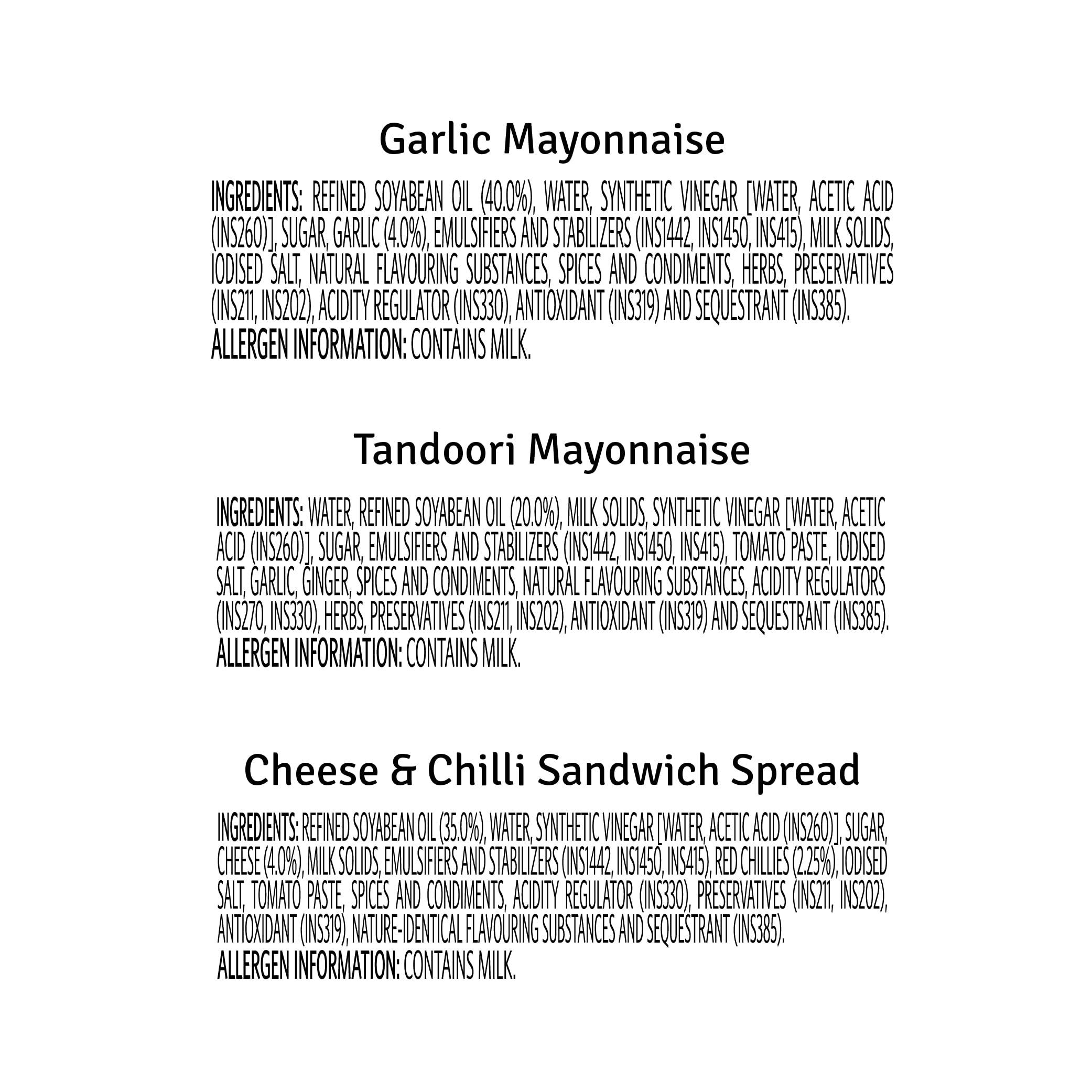 VEEBA VEEBA Garlic Mayonnaise 250 Gram, Tandoori Mayonnaise 250 Gram & Cheese & Chilli Sandwich Spread 250 Gram - Pack of 3