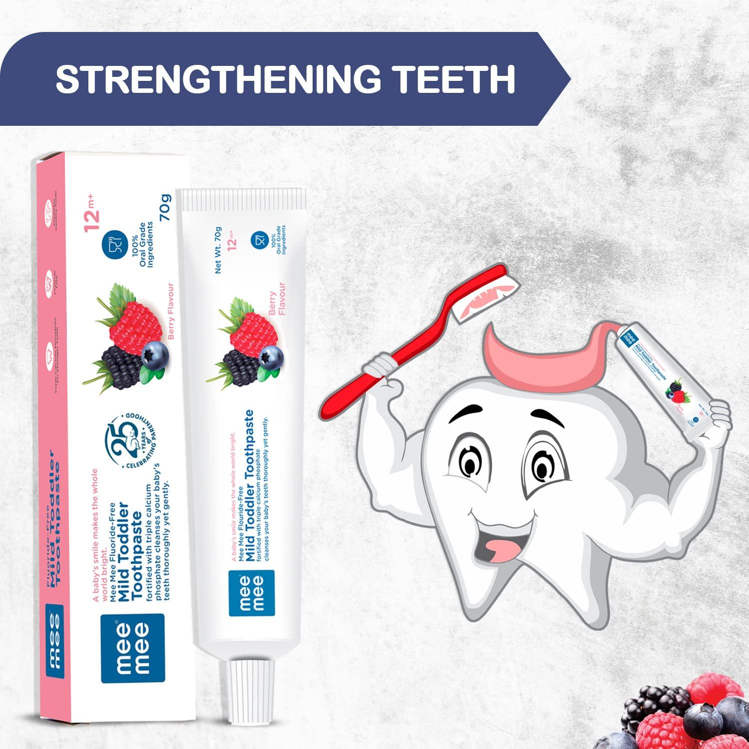 Mee Mee Mee Mee Fluoride-Free Baby Toothpaste for Kids Fortified with Triple Calcium Phosphate, Cavity Protection, Oral Care, Best for Baby 1 year +, 70 gram (Berry, Pack of 2)