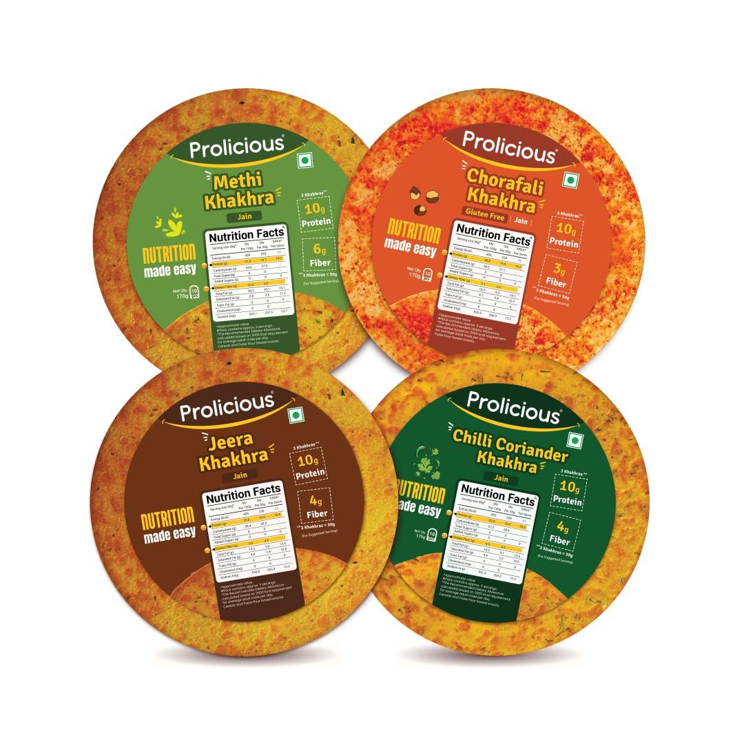 Prolicious Prolicious Jain Khakhra Combo | Plant Based High Protein Healthy Anytime Snack | No Palm Oil (Pack of 4, 170Grams Each)