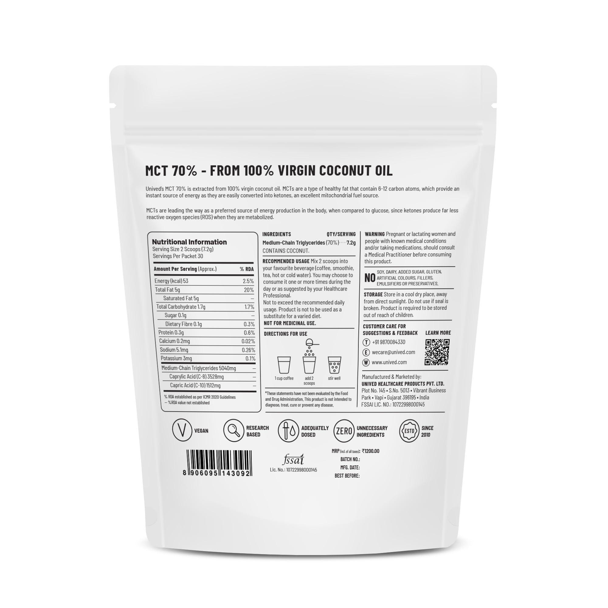 Unived Unived MCT 70% | Medium Chain Triglyceride Oil Powder | Clean Energy Fuel | Pure MCT 5g with C-8: 3528mg & C-10: 1512mg in a 70:30 ratio | Vegan & Keto Friendly | 30 Servings