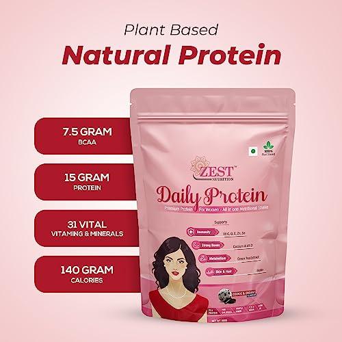 ZEST NUTRITION Zest Nutrition Premium Protein Powder for Women Wellbeing, Natural Daily Health Drink with 31 Vital Nutrients, Green Tea Extract, Sugar Free, Vegan Cookies & Cream Flavour – 400g each (Pack of 2)