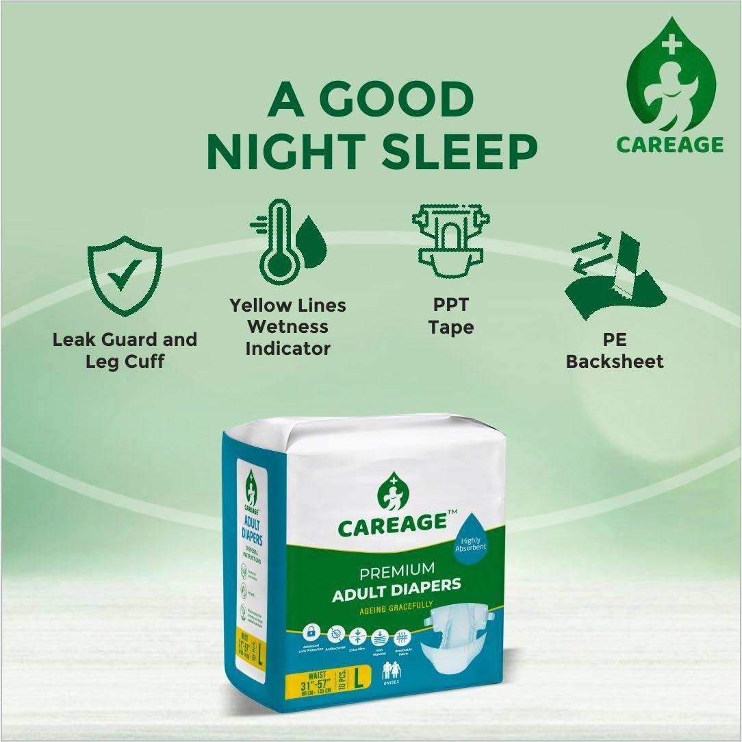 CAREAGE CAREAGE Premium Adult Diaper XL Size, Waist Size (35\"-63\"), Tape Style, Unisex, High Absorbency, Leak Proof, Wetness Indicator, Pack of 1