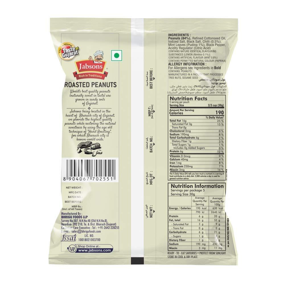 Jabsons Jabsons Roasted Peanut Nimboo Pudina- 140gm (Pack of 6)(140 Gm X 6)|Jumbo Bharuchi Flavoured Peanuts| Premium Roasted Moongfali |Ready to eat Healthy snacksGluten Free|Nimbu Pudina