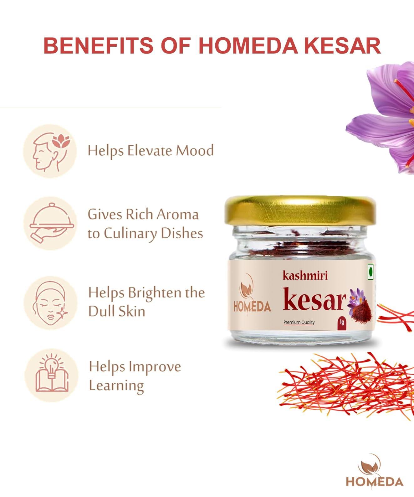 Homeda Homeda Kesar Saffron Original 1g / Pure Saffron Original Kashmiri | Kumkuma Puvvu, Keshar Safron, Kungumapoo for pregnant women, Kasar, Kumkumapoovu, Keser, Kaser, Kesor, Certified Grade A 1 gm