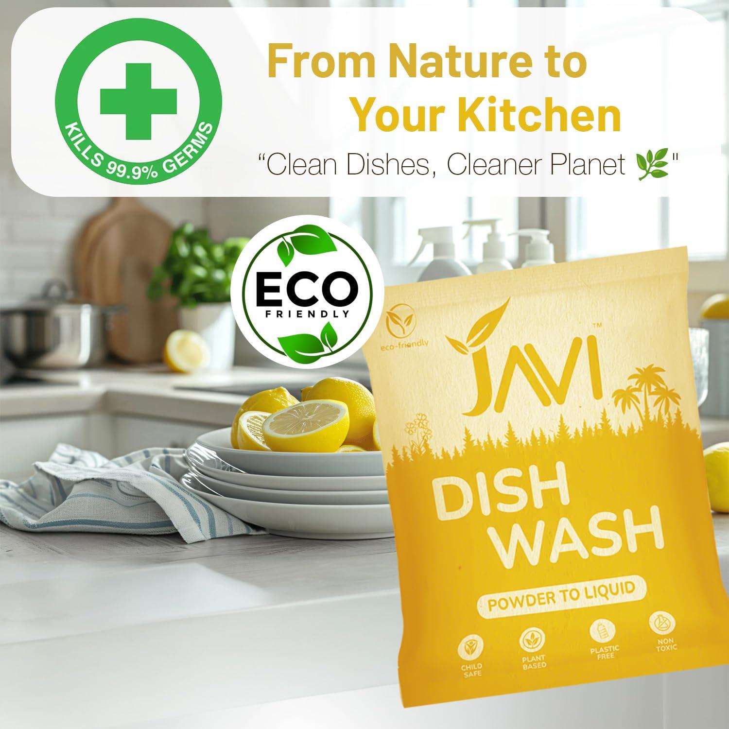 JAVI JAVI Dish Wash Powder to Liquid Refill Pack (10 Sachet = 5 Ltr) | Natural, Plant Based, Non Toxic & Eco-Friendly | Remove tough grease, soft on hands | Baby Safe & Pet safe | Crockery wash
