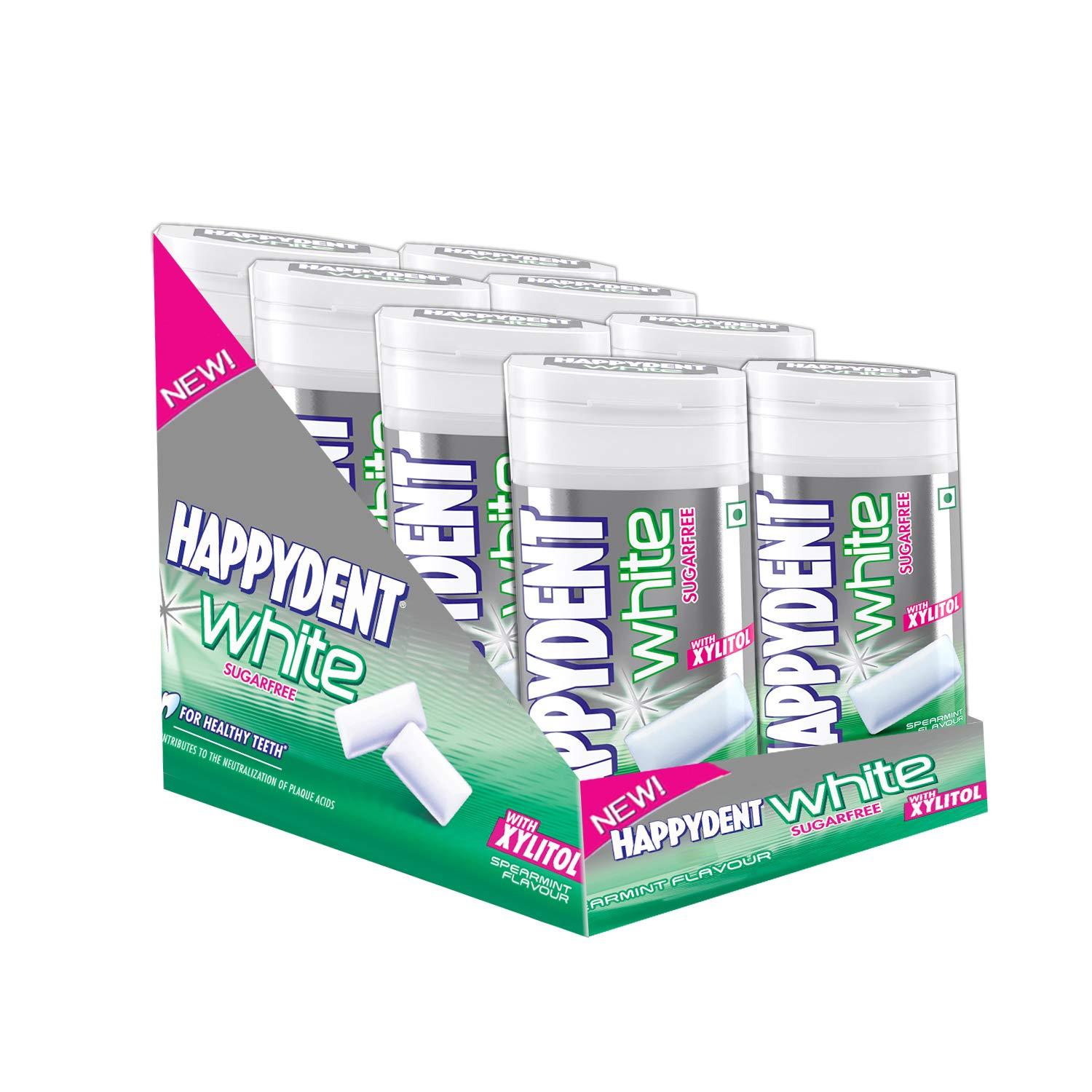 HappyDent Happydent White, Xylitol Sugarfree Spearmint Flavour,Chewing Gum Bottle Pack, 193.6g (8 Units x 24.2 g Each)