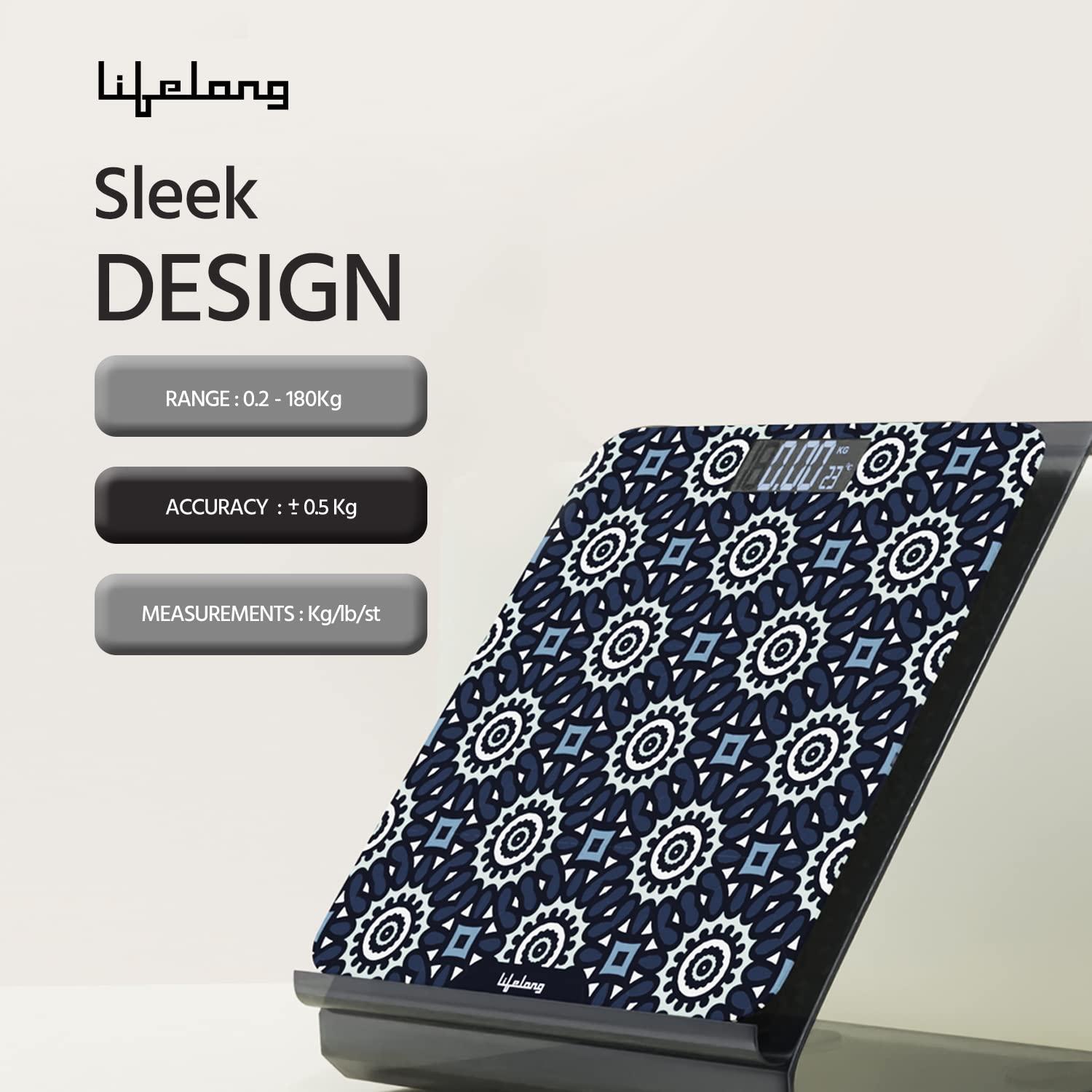 Lifelong Lifelong Azure Weighing Scale (LLWS72 Indian Cultural Series - Gujarat)|Digital Weight Machine for Body Weight|6mm Thick Tempered Glass with LCD Display|Bathroom Weighing Scale (2 Year Warranty, Blue)