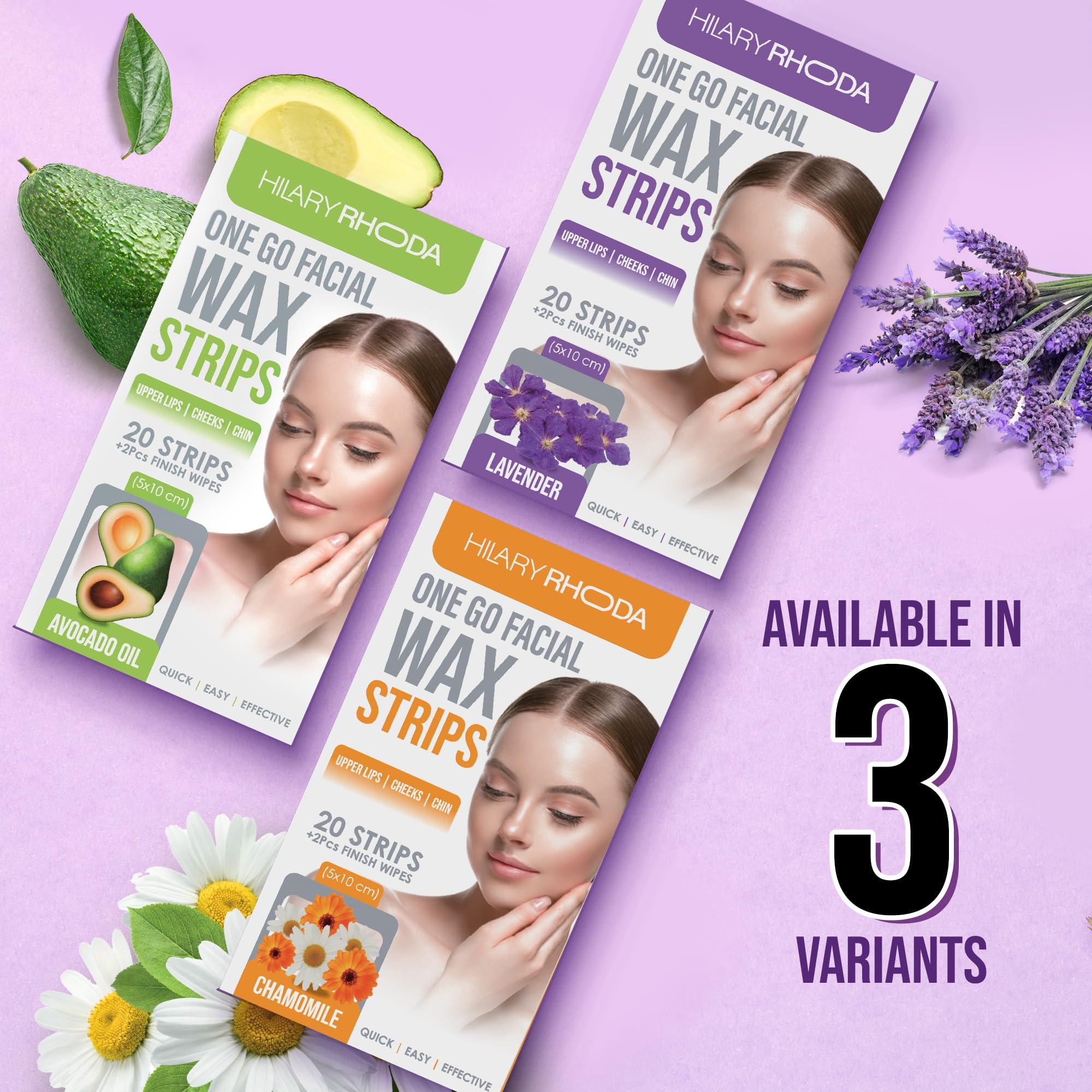 Hilary Rhoda Hilary Rhoda One Go Facial Wax Strips | Ready-To-Use Facial Wax Strips | Face, Cheek, Upper Lip & Chin Facial Wax | Painless Hair Removal | With 2 Finish Wipes | 20 Strips (Lavender)