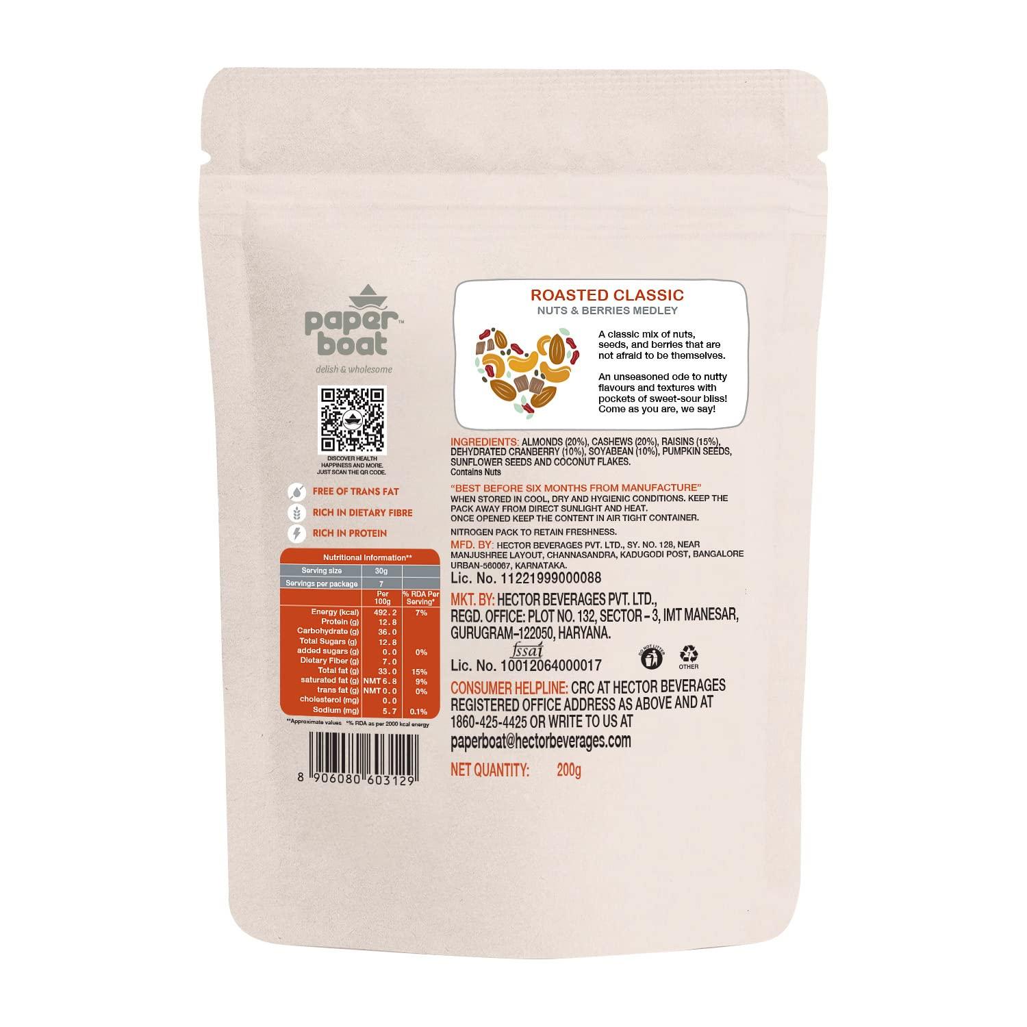 Paper Boat Paper Boat Smoked and Roasted Mixed Nuts with Himalayan Pink Salt, Pouch (200g) & Paper Boat Classic Roasted Nuts, Seeds & Berries Medley (200 g)