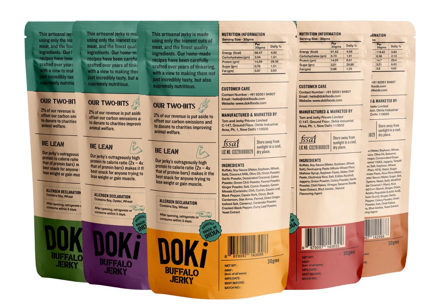 Doki DOKi Buffalo Jerky for Humans (5 Flavours) (High Protein, Low Calorie, All-Natural, Gluten Free, Ready-to-eat meat))