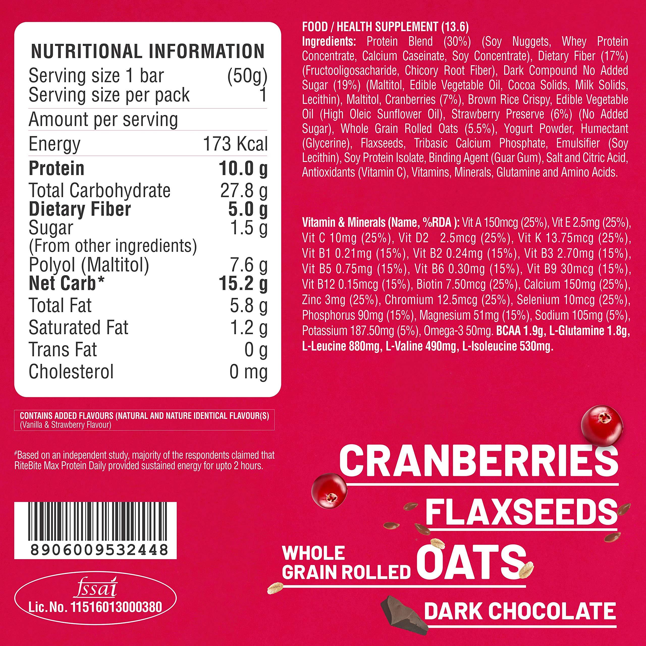 RiteBite Max Protein RiteBite Max Protein Daily Choco Berry Protein Bars with 10g Protein, 5g Fiber & 21 Vit. & Minerals | 0 Added Sugar, No Cholesterol & Trans Fat For Upto 2h of Energy, Healthy Snack, 50g (Pack of 6)