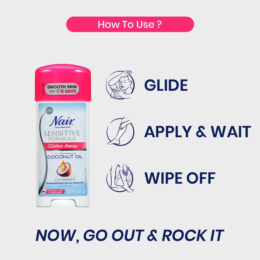 Nair Nair Women Glides Away Sensitive Formula Hair Remover Cream For Bikini, Arms & Underarms With Natural Coconut Oil Plus Vitamin E, 93 Grams