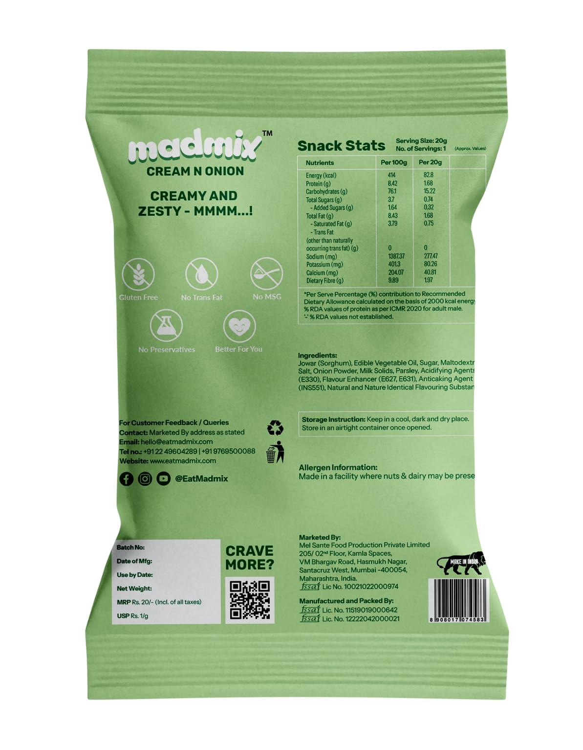 Madmix Madmix Jowar Millet Puffs - Cream & Onion | 480g Pack of 24 (20g X 24) | Gluten-Free | Crunchy Vegan Snack with a Creamy Zest | Baked, Not Fried