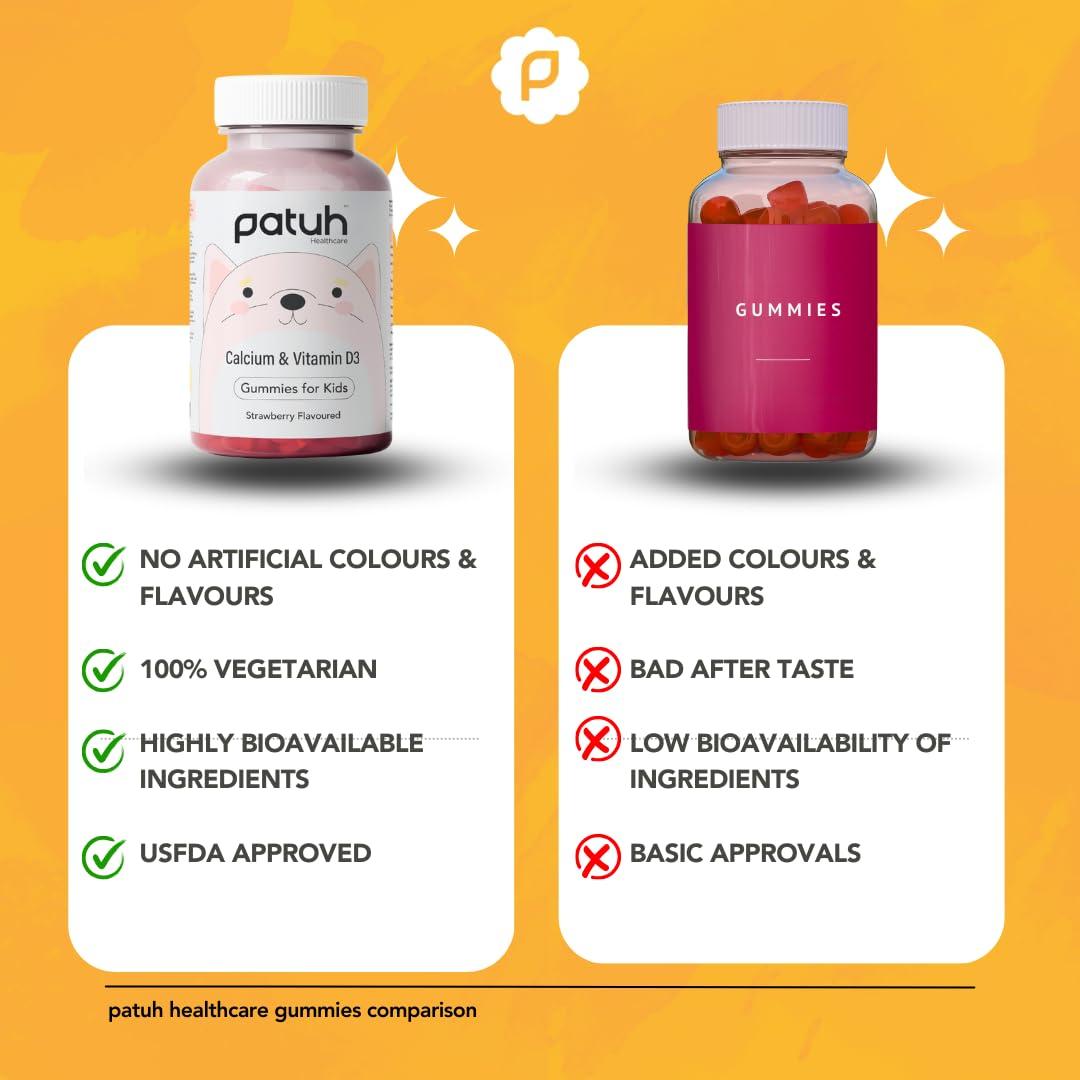 PATUH HEALTHCARE Patuh Healthcare Calcium and Vitamin D3 Gummies for kids (4 years+) | 30 Day Pack | Calcium and D3 Gummies for Kids | 100% Vegetarian, Natural Strawberry flavour