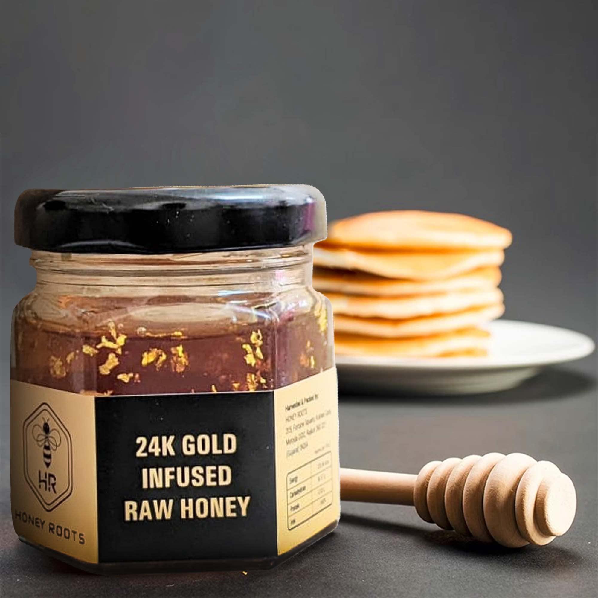 HRHONEYROOTS HR HONEY ROOTS Natural Raw Unprocessed Honey Infused with 24k Gold Flakes - 45gm of Pure Bliss and Exquisite Taste
