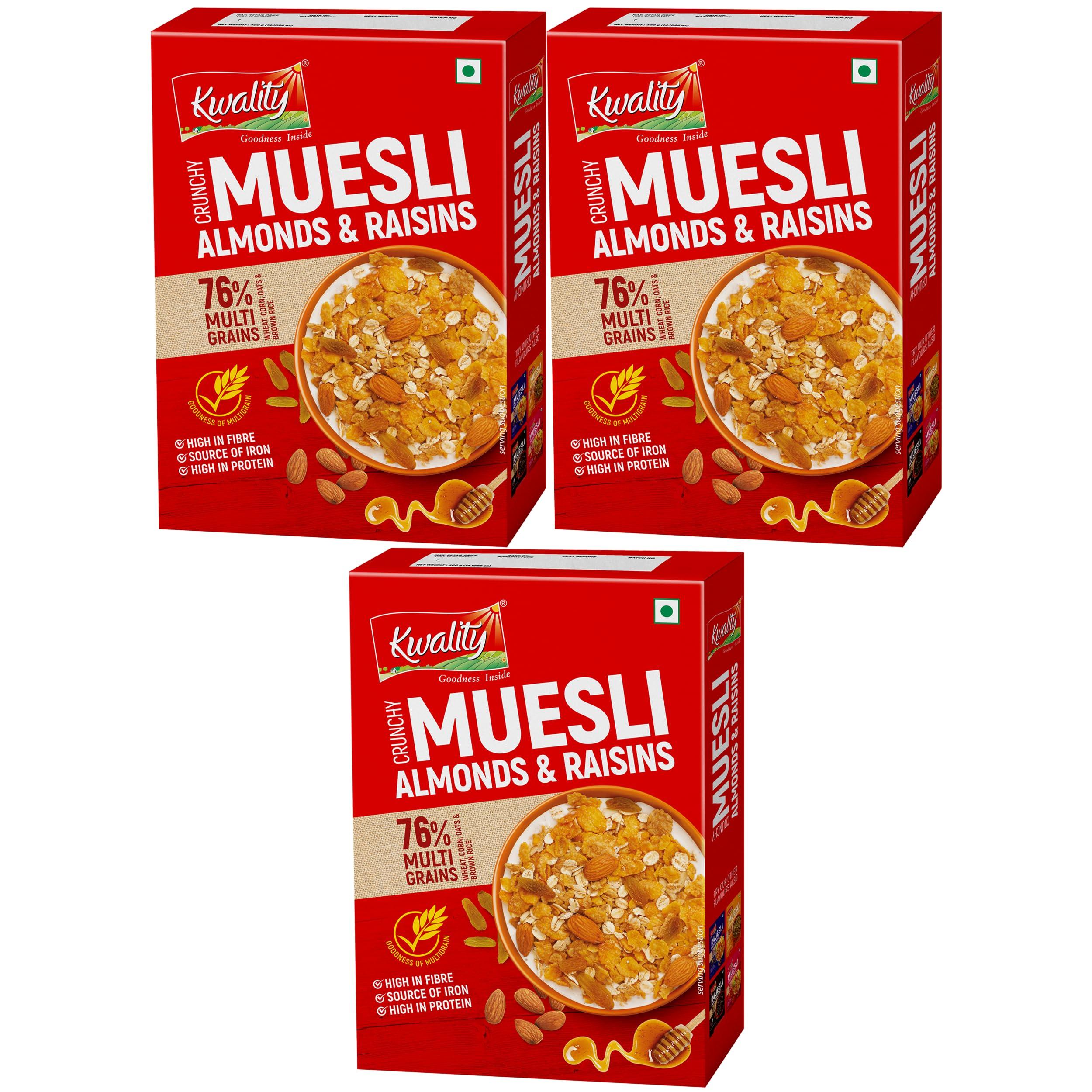 KWALITY Kwality Crunchy Muesli, Almonds Raisins and Honey -Goodness of Multigrain, High in Fibre, Source of Vitamin, Iron and Protein 400G 3 [Pack 3]