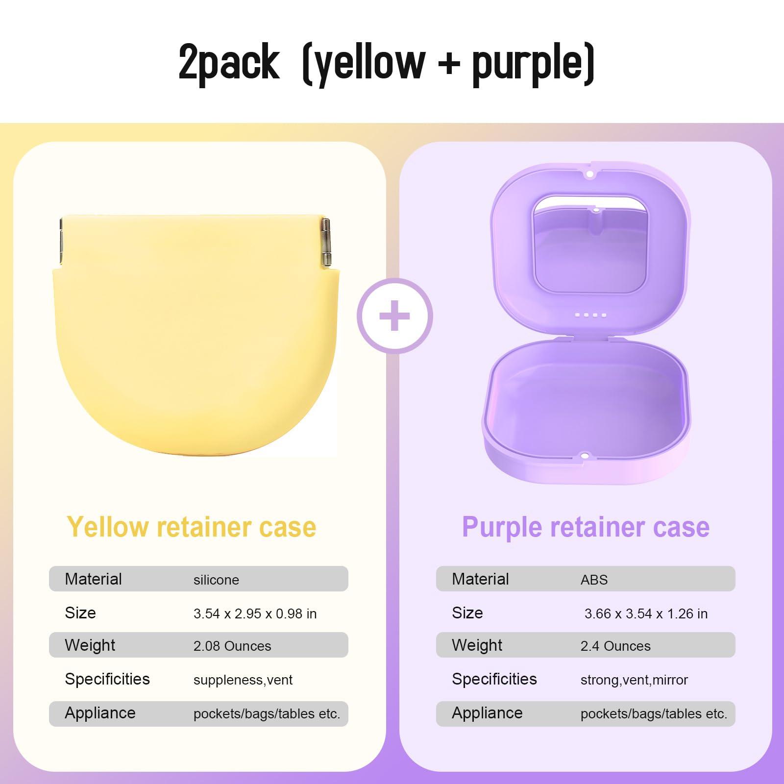 XDLHWP XDLHWP Retainer Case with Vent Holes, Silicone Slim Cute Retainer Holder Compatible with Invisalign, Night Mouth Guard Case, with Lanyard, Retainer Remover Tool Chew Brush, Yellow+Purple(2 Pack)