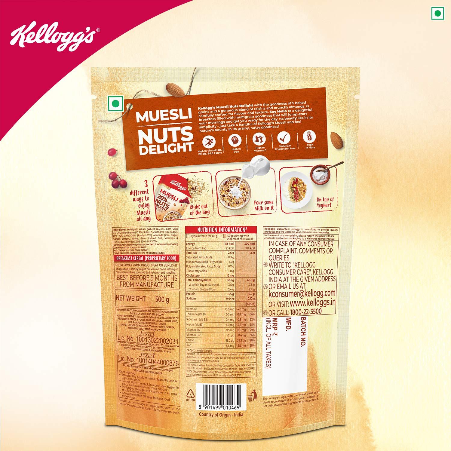 Kellogg's Kellogg\'s Chocos, High in Protein, B Vitamins, Calcium And Iron, 1.2kg Pack + Kellogg\'s Muesli with 20% Nuts Delight Pouch, 500 g