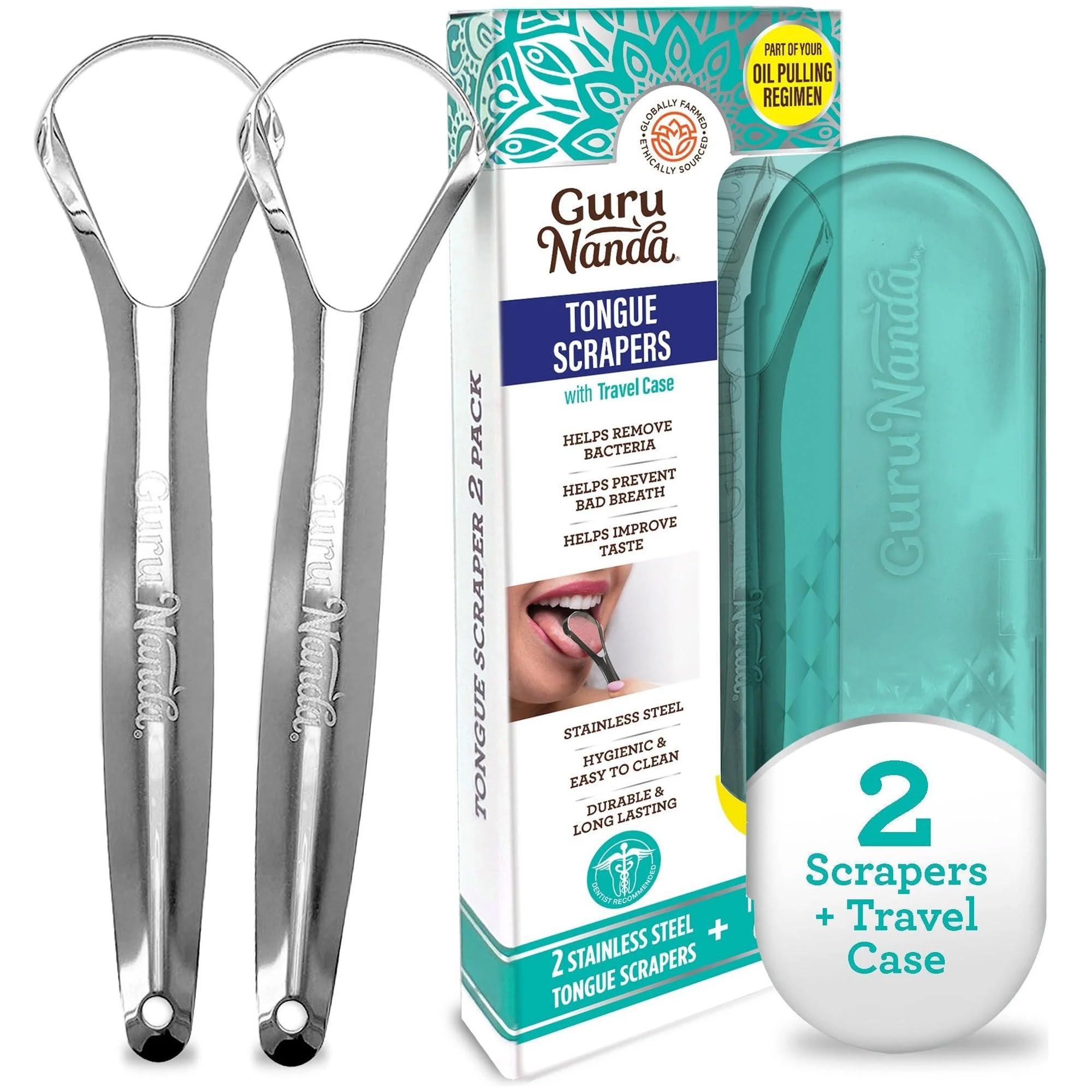 GuruNanda Guru Nanda Stainless Steel Tongue Scraper (Pack of 2), Fights Bad Breath, Medical Grade 100% Stainless Steel, Great for Oral Hygiene, Tongue Cleaner for Adults and Kids