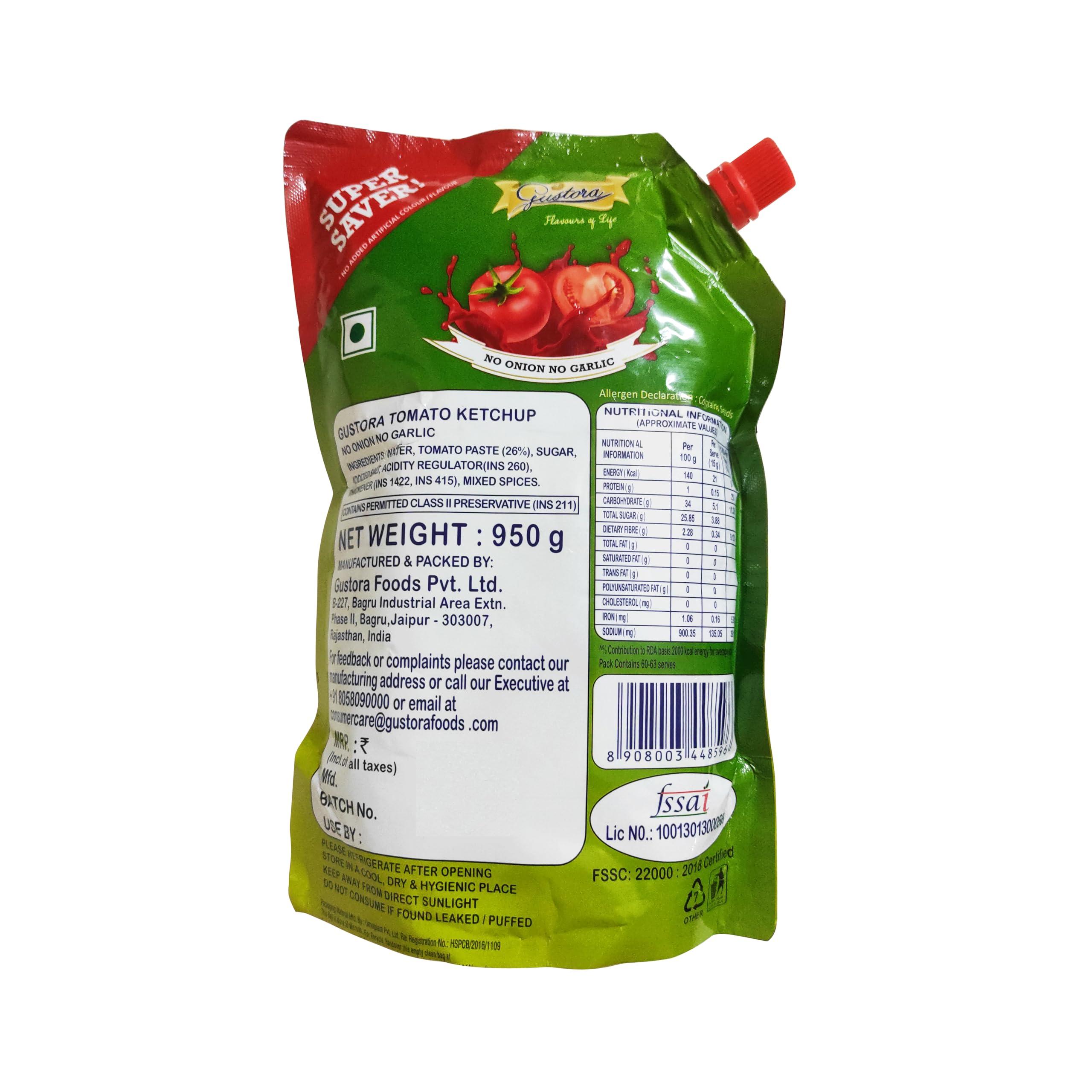 Gustora Gustora Real & Natural Tomato Ketchup I Super Saver Combo I Rich & Smooth I Vegetarian I No Onion No Garlic Jain Tomato Ketchup (950 gm) I No Preservatives & Artificial Color (1.95 Kg)