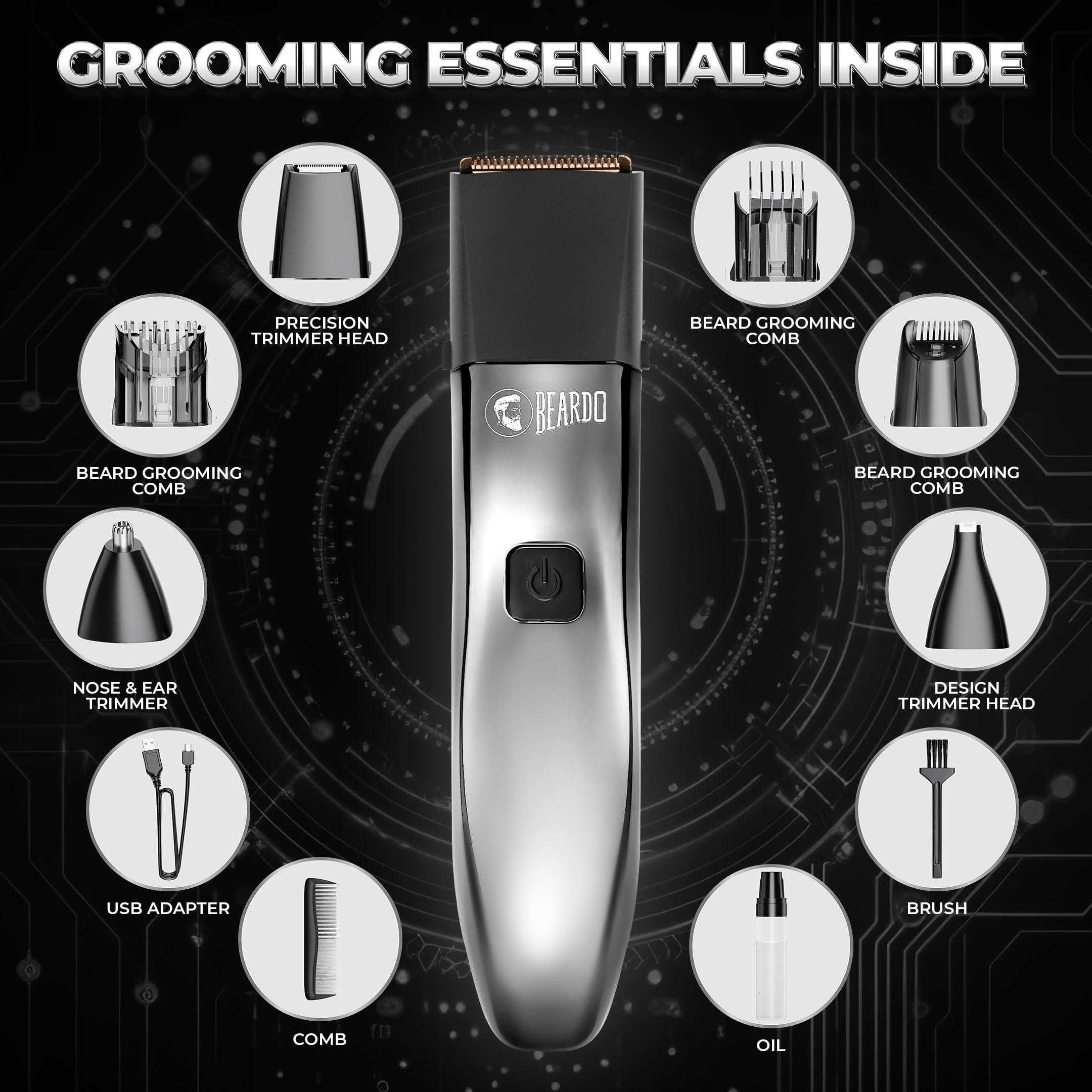 BEARDO Beardo Chrome Beast Multipurpose Full Body Groomer Trimmer Set For Men | 40 Length Settings | 8 attachments | Beard/Hair/Body/Precision/Ear/Nose Trimmer|With Dock|90 min. run time | All-in-1 trimmer | Gift For Brother | Gift For Friends