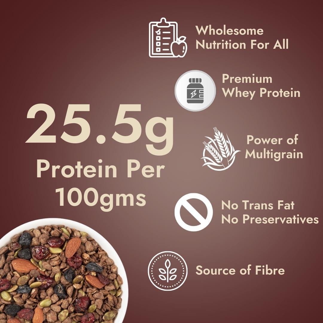 Yolo Roots Yolo Roots High Protein Dark Chocolate Muesli 1 Kg | India\'s 1st 25gm Protein per 100gm Muesli with Premium Whey Protein, 25% Almond, Pumpkin & Cranberry | No Added Refined Sugar | Made in Date Syrup