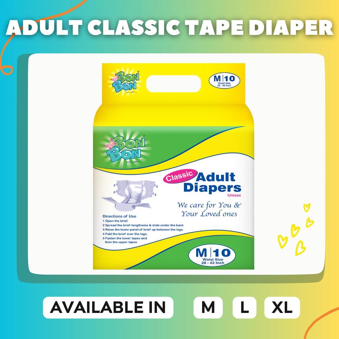 BON BON Bonbon Classic Adult Diaper Tape Style Large (PACK OF 3) - 30 Count - L - Ultra Leak-Guard with Anti Bacterial Layer and Multiple Tape Fastners - Waist Size 39-59 Inch, 99-149 cm