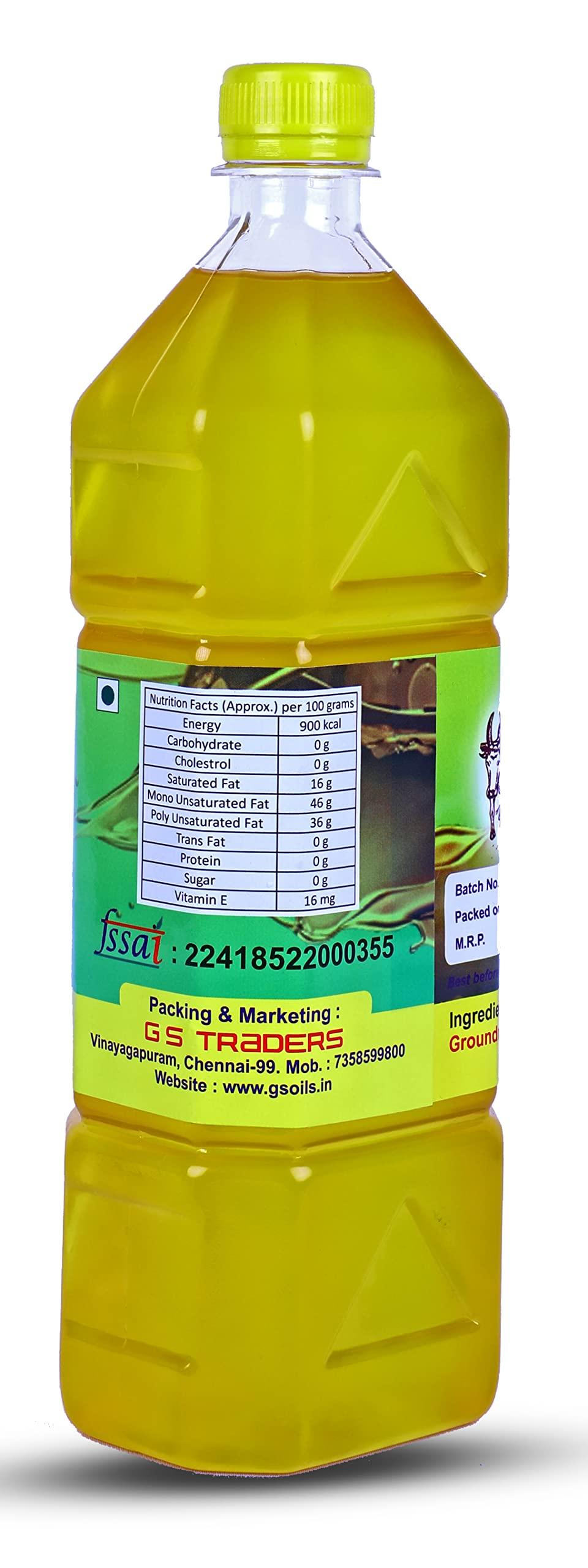 GS OILS GS OILS Cold Pressed Peanut Oil for Cooking/Mara Chekku Groundnut Oil/Wood Pressed Peanut Oil/Kadalai Ennai - 4000 ml (4 Litres)