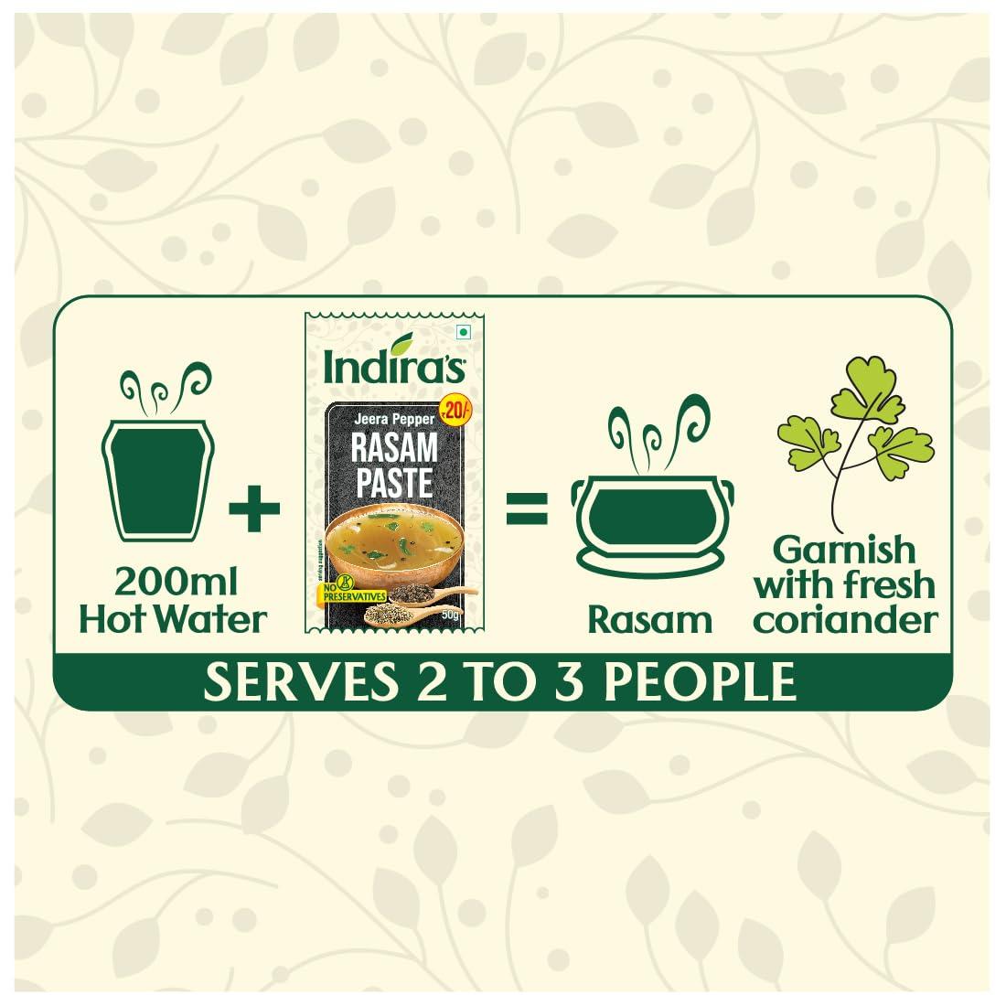 Indira's Indira's Instant Rasam Paste Combo: More Flavourful Than Rasam Powder. Just Add Hot Water. 3 Tasty Flavours: Tomato (50gX3), Pepper (50gX3) & Dal (35gX3)