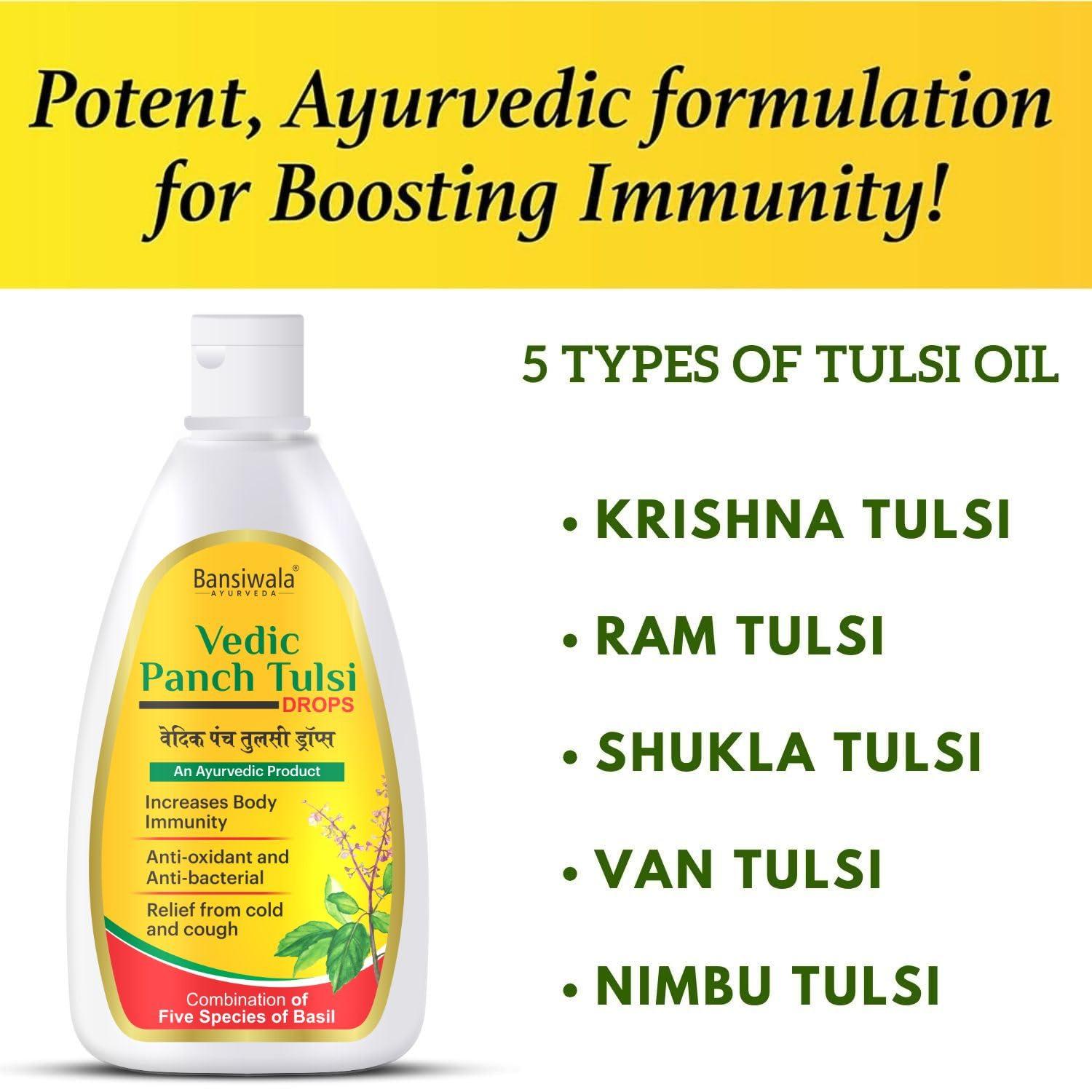 BANSIWALA Bansiwala Khadi Vedic Panch Tulsi Drops | 5 Rare Tulsi for Boosts Immunity, Cough Cold Relief | 100% Ayurvedic, AYUSH Approved - 50 ML