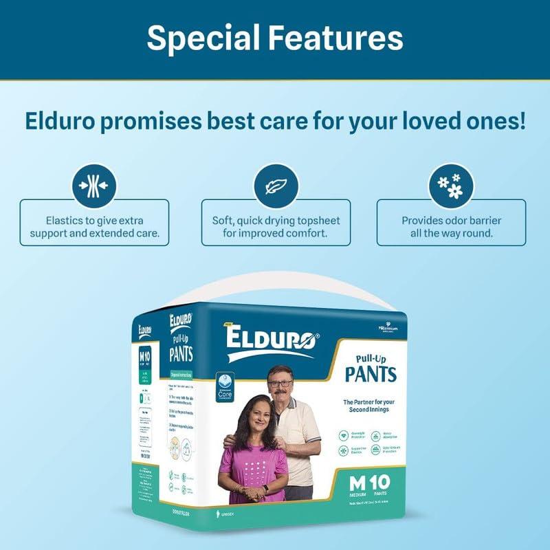 ELDURO ELDURO Adult Diaper Medium Size | 61-115 cm (24\" - 45\") | Pant Style, Adult Diapers, Adult Diaper Pants, Adult Diapers M Size, Unisex, Leakproof, 14hr Overnight Protection - Pack of 1 (10 counts)