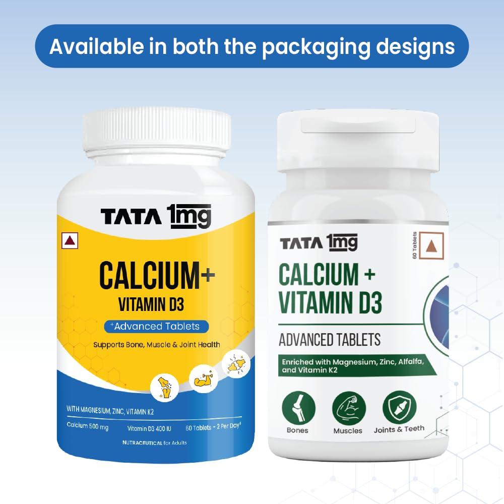 TATA 1MG TATA 1mg Calcium & Vitamin D3 supplement with Zinc, Magnesium & Alfalfa | High absorption Calcium Citrate Maleate form | 500mg Calcium & 400iu Vitamin D3 | For strong bones & joints | 60 tablets