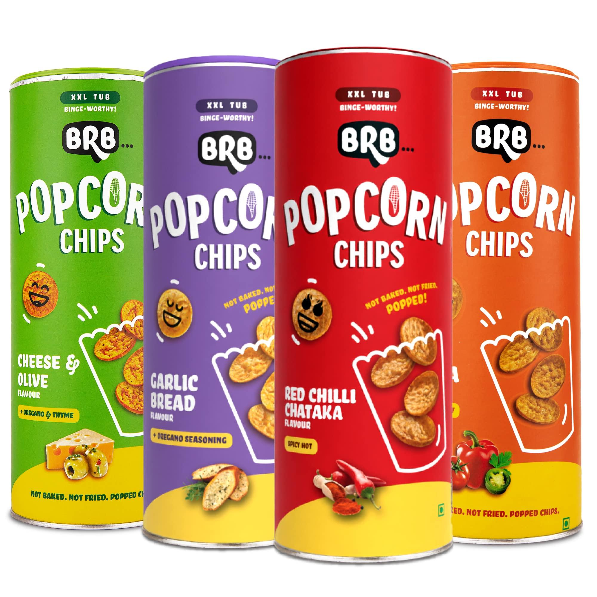 BRB BRB Corn Popped Chips | Popcorn & Nachos Upgraded | 4 Tubs X 85 Grams | 4 Flavours - Salsa, and Cheese & Olive, Red Chili Chataka & Garlic Bread
