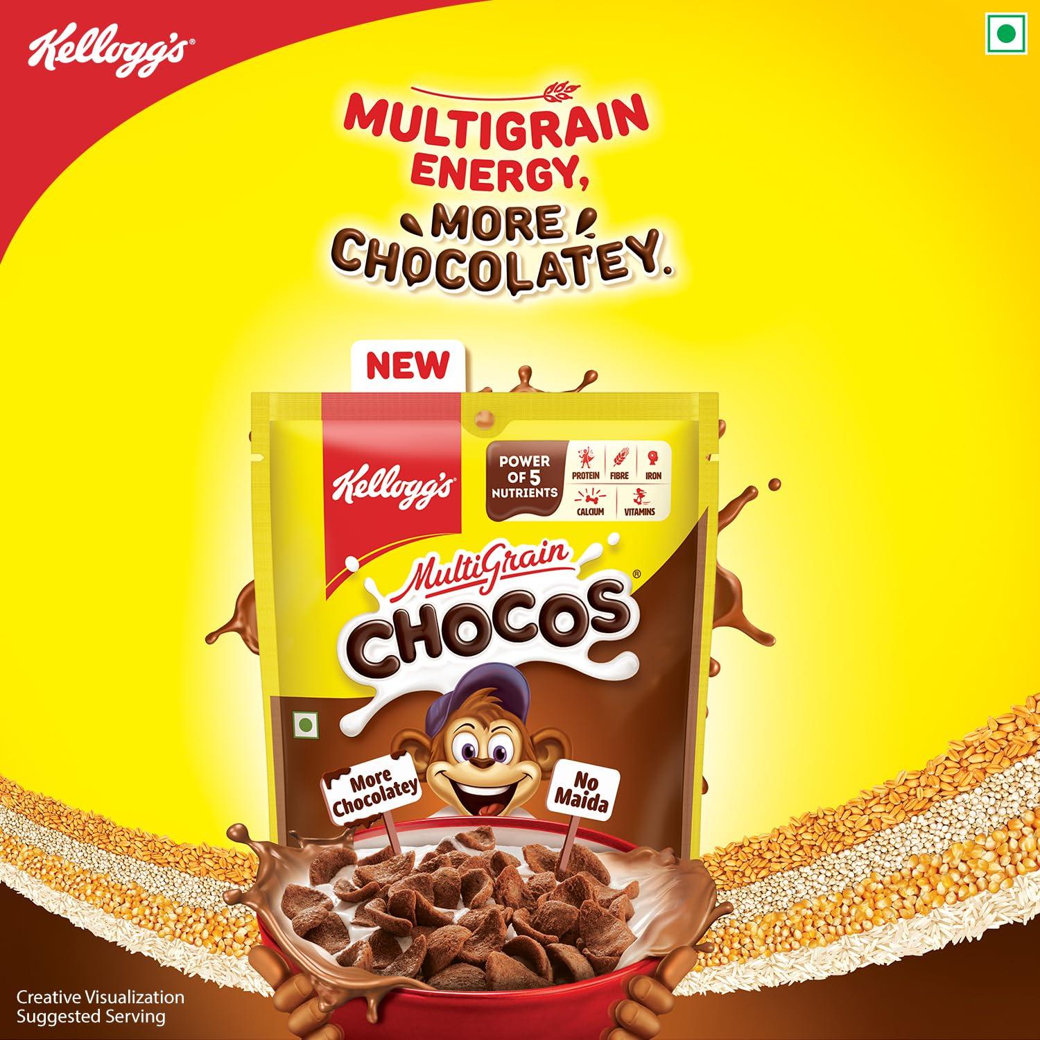 Kellogg's New Kelloggs Multigrain Chocos, 250g | Multigrain Energy, More Chocolatey | No-Maida | Power of 5 nutrients  Protein, Fibre, Iron, calcium, Vitamins | Kids Breakfast cereal