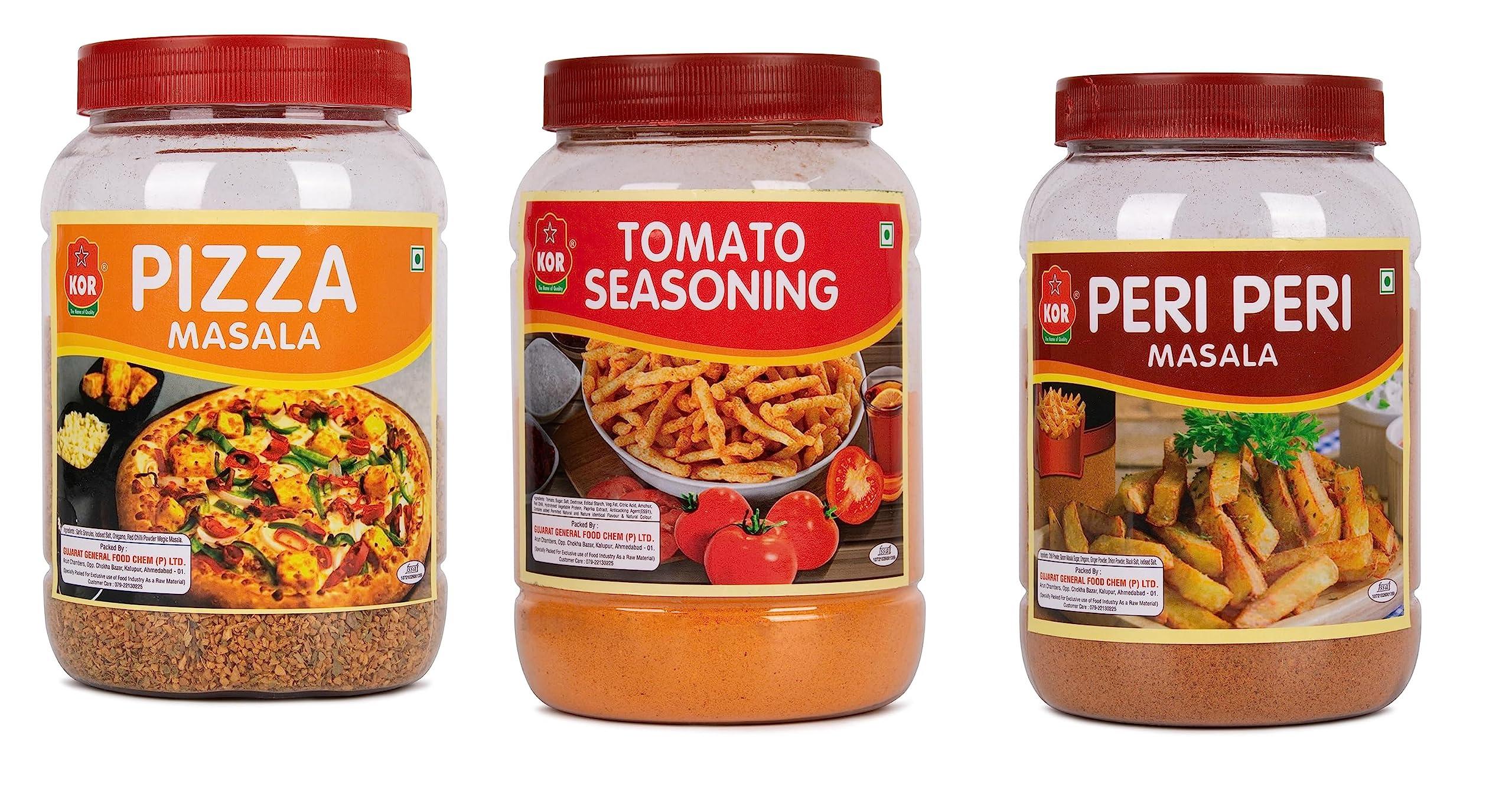 KOR KOR Combo Of Tomato Seasoning (400g) + Pizza Masala 400g + Peri Peri Masala 400g (Pack Of 3) Italian Pizza Masala/Pizza Pasta macaroni Noodle Masala/Pizza Seasonings Exotic Spices.