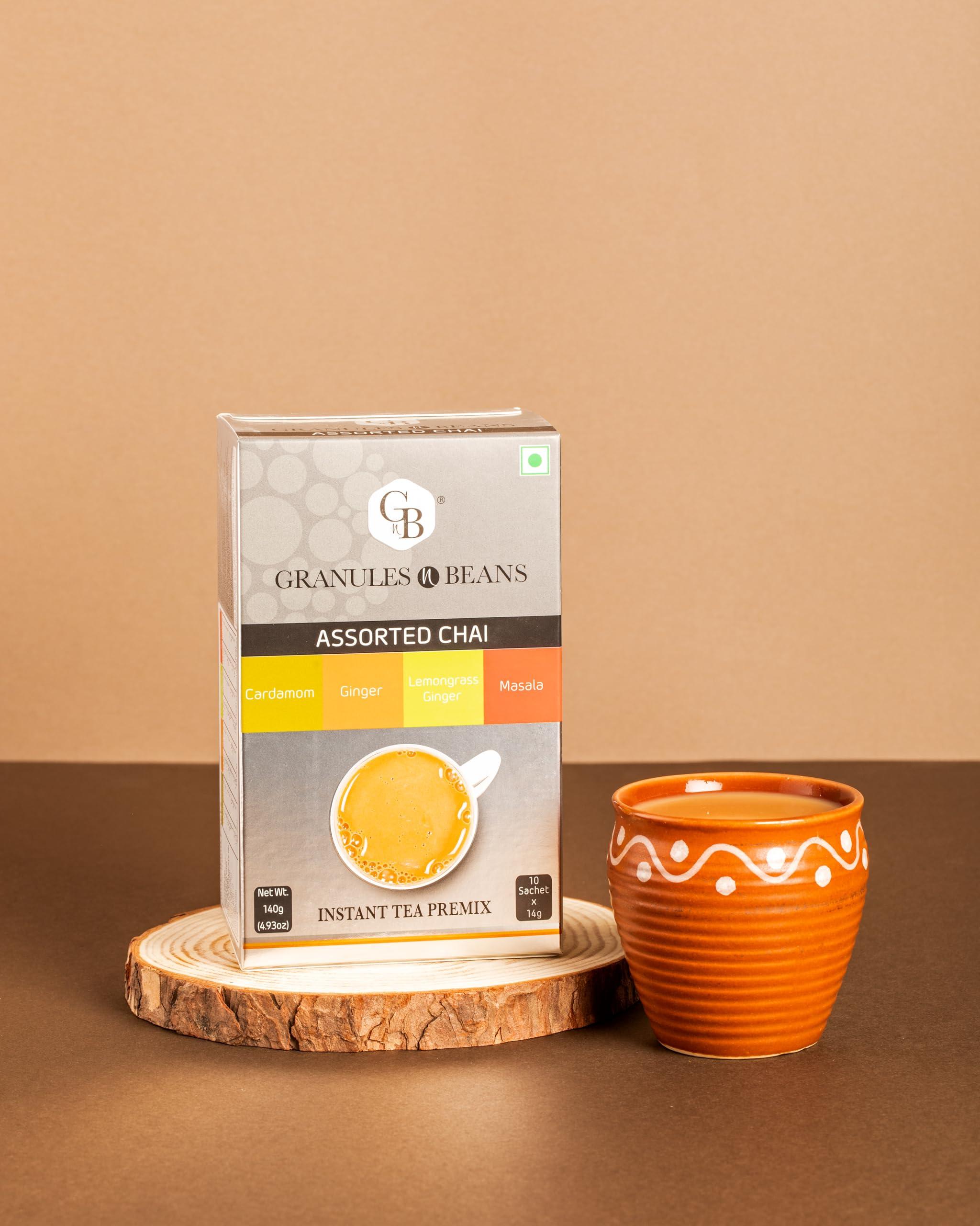 GnB GRANULES n BEANS GnB GRANULES n BEANS Assorted Chai Instant Tea Premix - (10 Sachet X 14 Gram = 140 Gram) (Pack Of 2) (Cardamom, Ginger, Lemongrass Ginger, Masala)