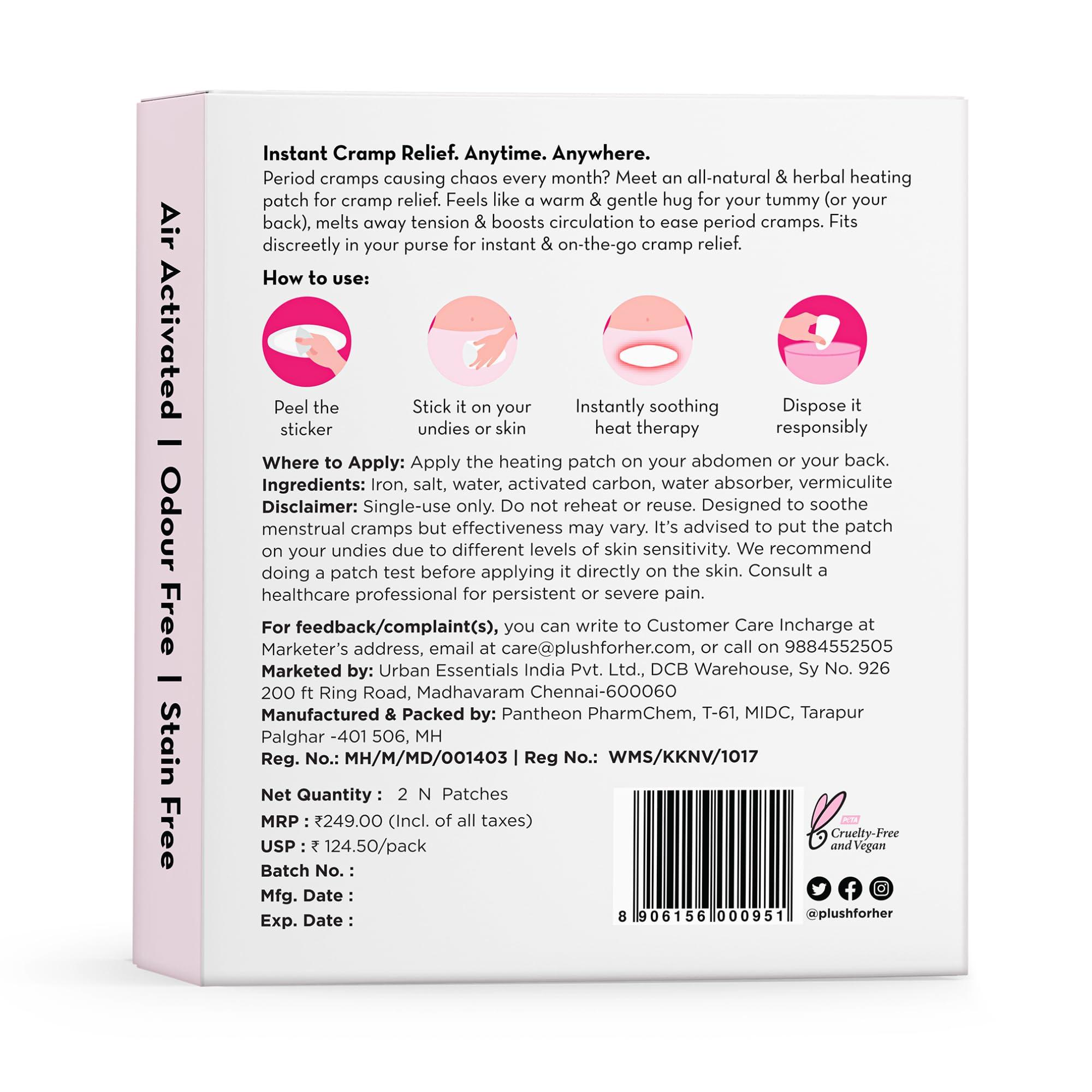 PLUSH Plush 8+ Hour Instant Cramp Relief Heating Patch (Pack of 2) | 100% Herbal & Safe | Air Activated | No Side Effects