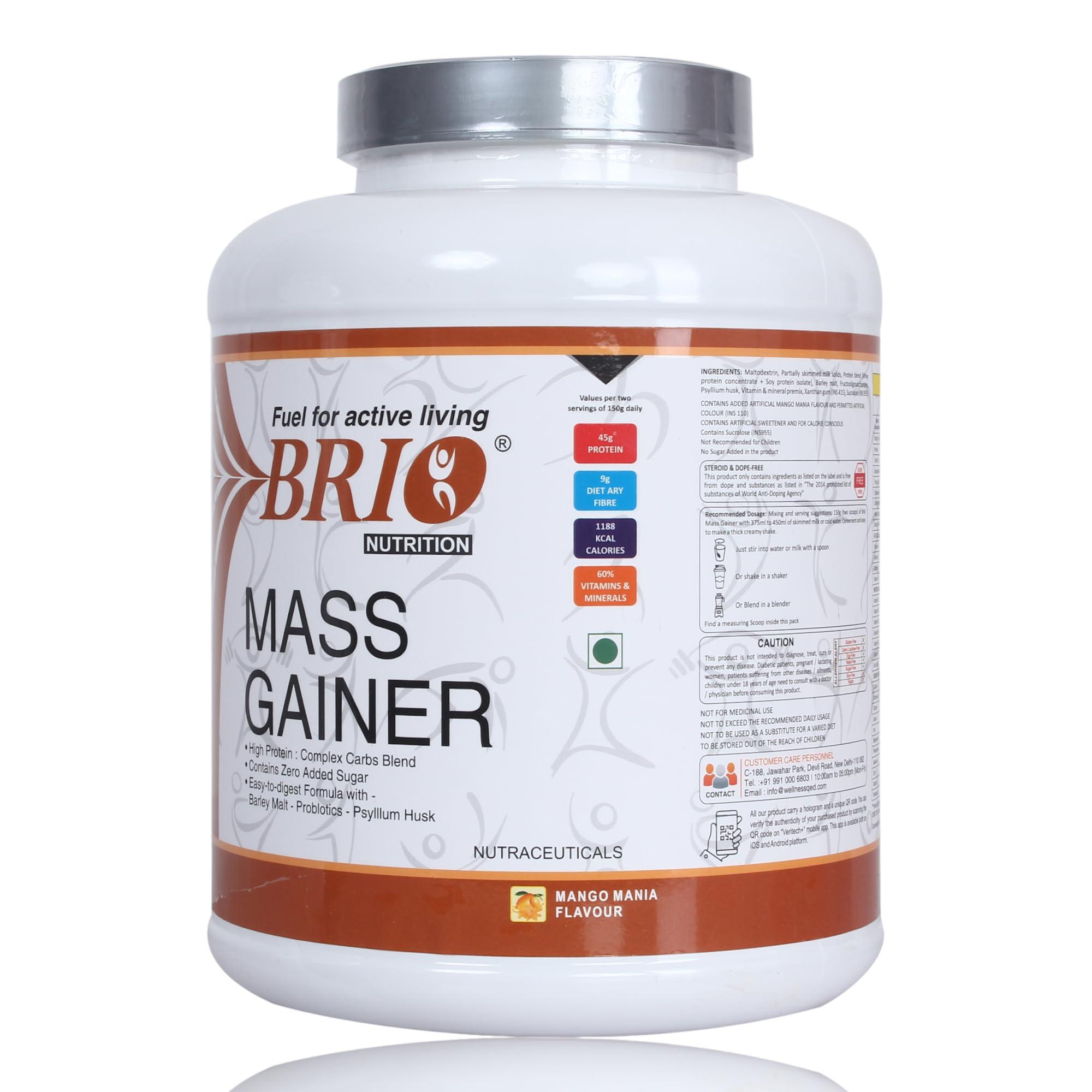 BRIO NUTRITION BRIO NUTRITION Mass Gainer High Protein Complex Carbs Blend With Easy To Digest Formula Barley Malt Probiotics | Gainer - 3kg Pack (Mango Mania Flavour)