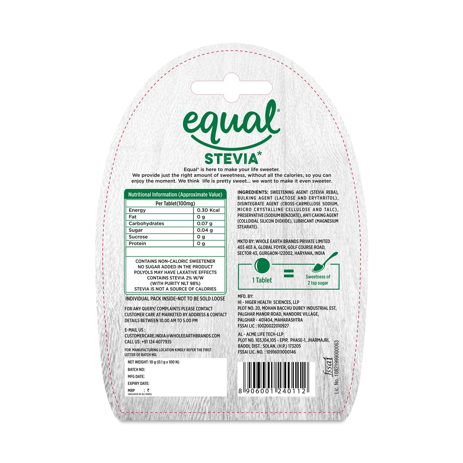 Equal Equal® Stevia Plant-Based Natural Sweetener | Sugar Free | 100 Tablets | Pack of 6