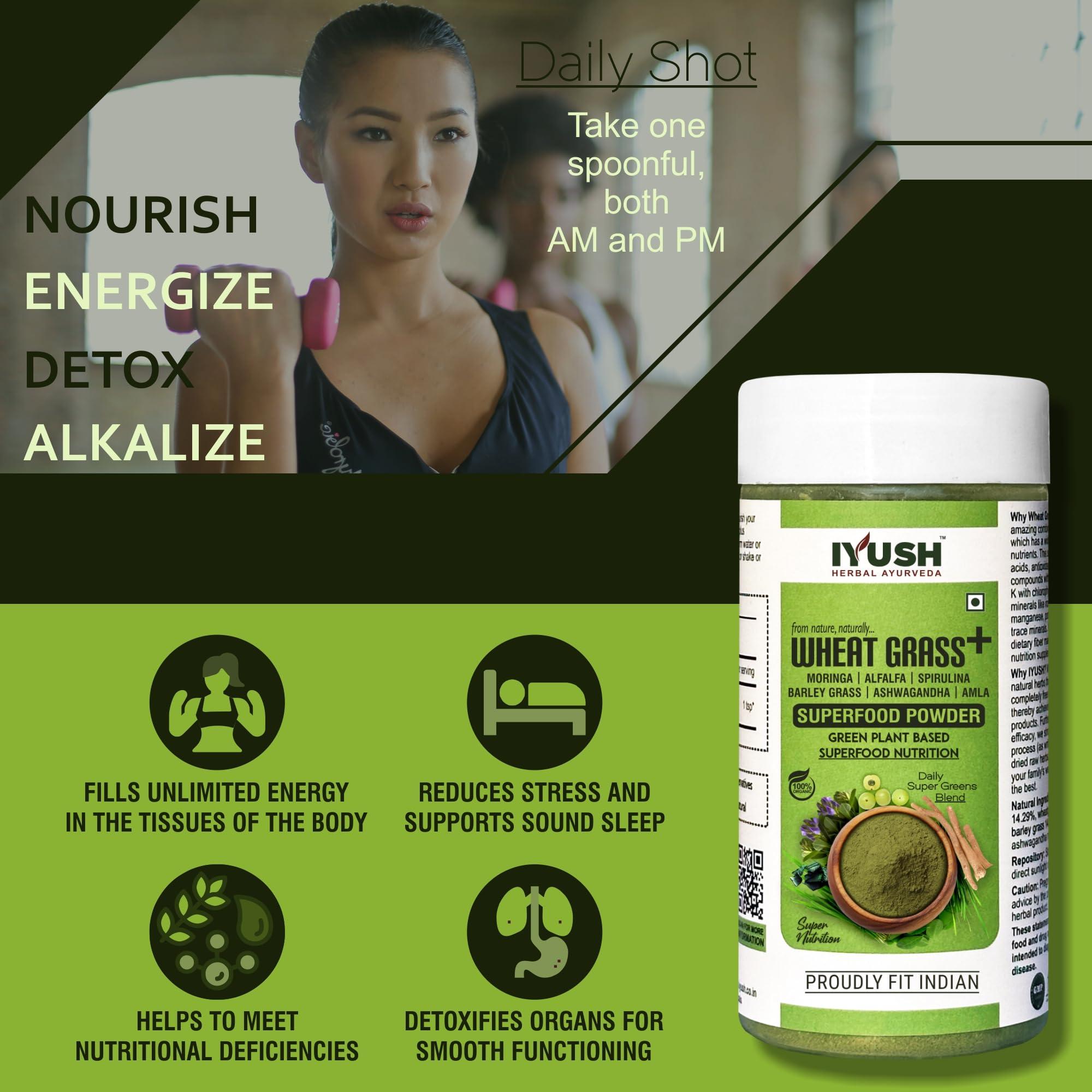 IYUSH IYUSH Herbal Ayurveda Organic Wheat Grass Plus Moringa + Spirulina + Alfalfa + Barley Grass + Ashwagandha And Amla Multivitamin Superfood Powder - 100Gram