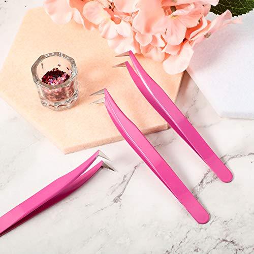 Mudder 3 Pieces Volume Tweezers Eyelash Extension Tweezers Curved Tip False Lash Tweezers Stainless Steel Precision Tweezers for Individual and 3D 6D Volume Eyelash Extension (Rose Red)