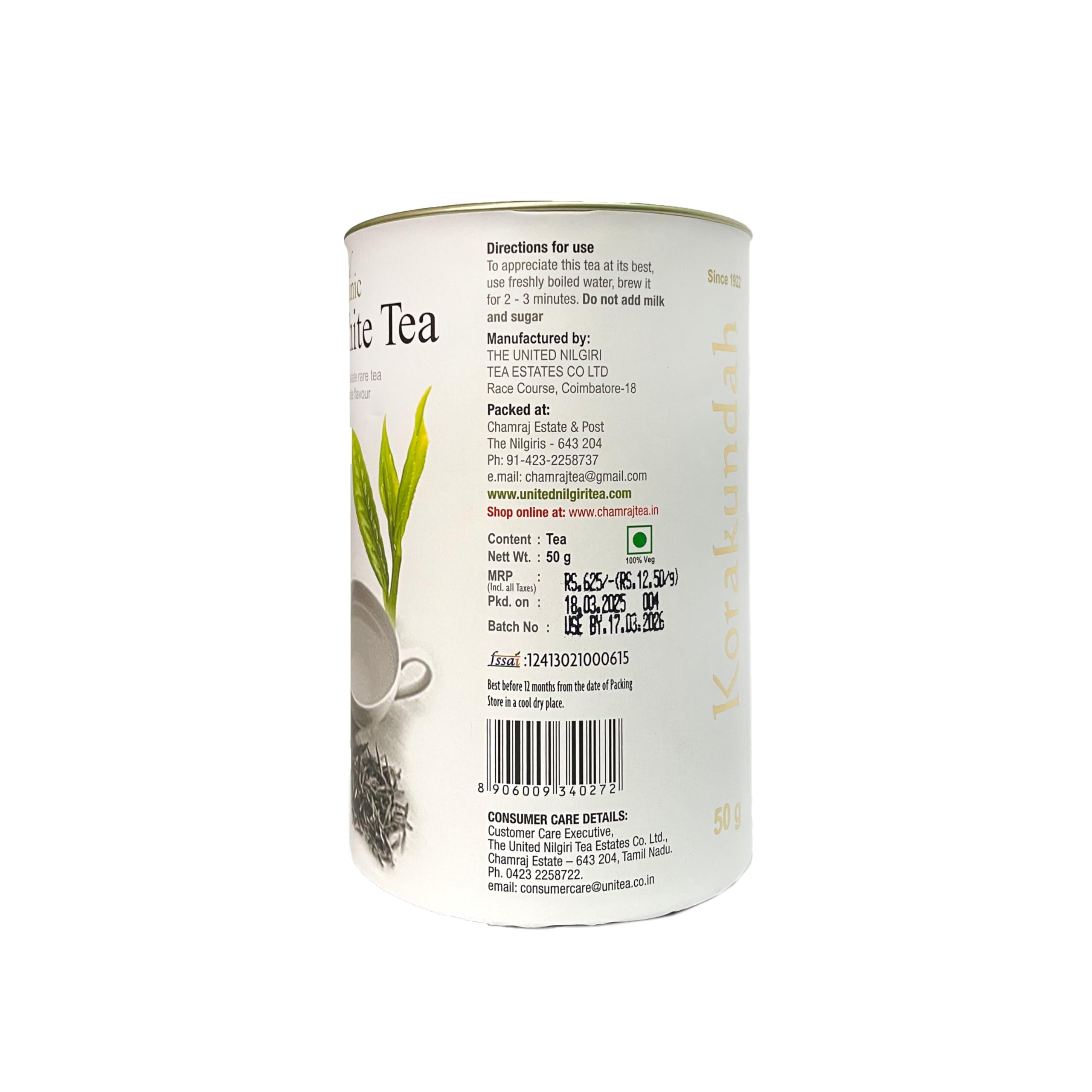 The United Nilgiri Tea Estates co.ltd KORAKUNDAH Real Organic White Tea | 50 g | Pack of 2 |Total 100g| A Single Estate Rare Tea with delicate flavour