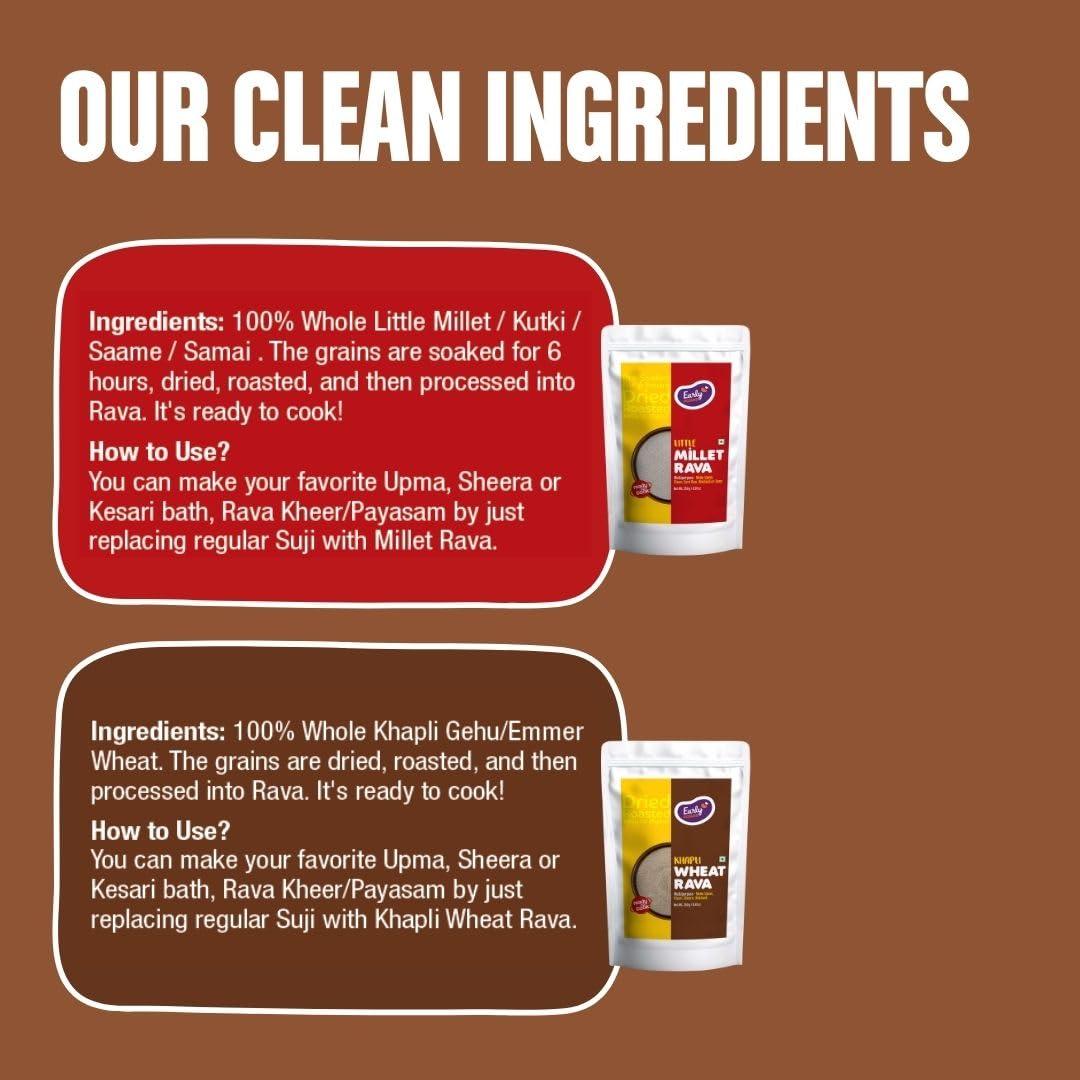 Early Foods Early Foods : Assorted Pack of 2 - Little Millet & Khapli Wheat Rava | Ready-to-Cook Millet Rava | Instant Breakfast Mix | Instant Millet Sooji | Roasted Millet Rava | Millet Idli Rava |