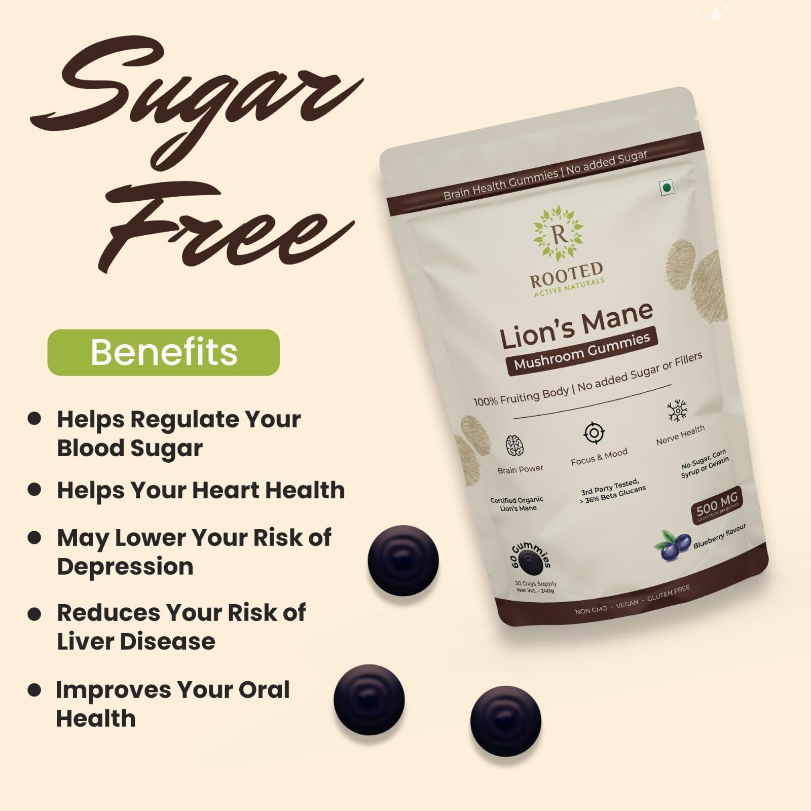 ROOTED Rooted Actives Certified Organic Lions Mane Mushroom Extract Gummies | Memory, Focus, Brain Powder & Nerve Health | Usda Organic, No Sugar, Blueberry Flavor | Lions Mane Powder