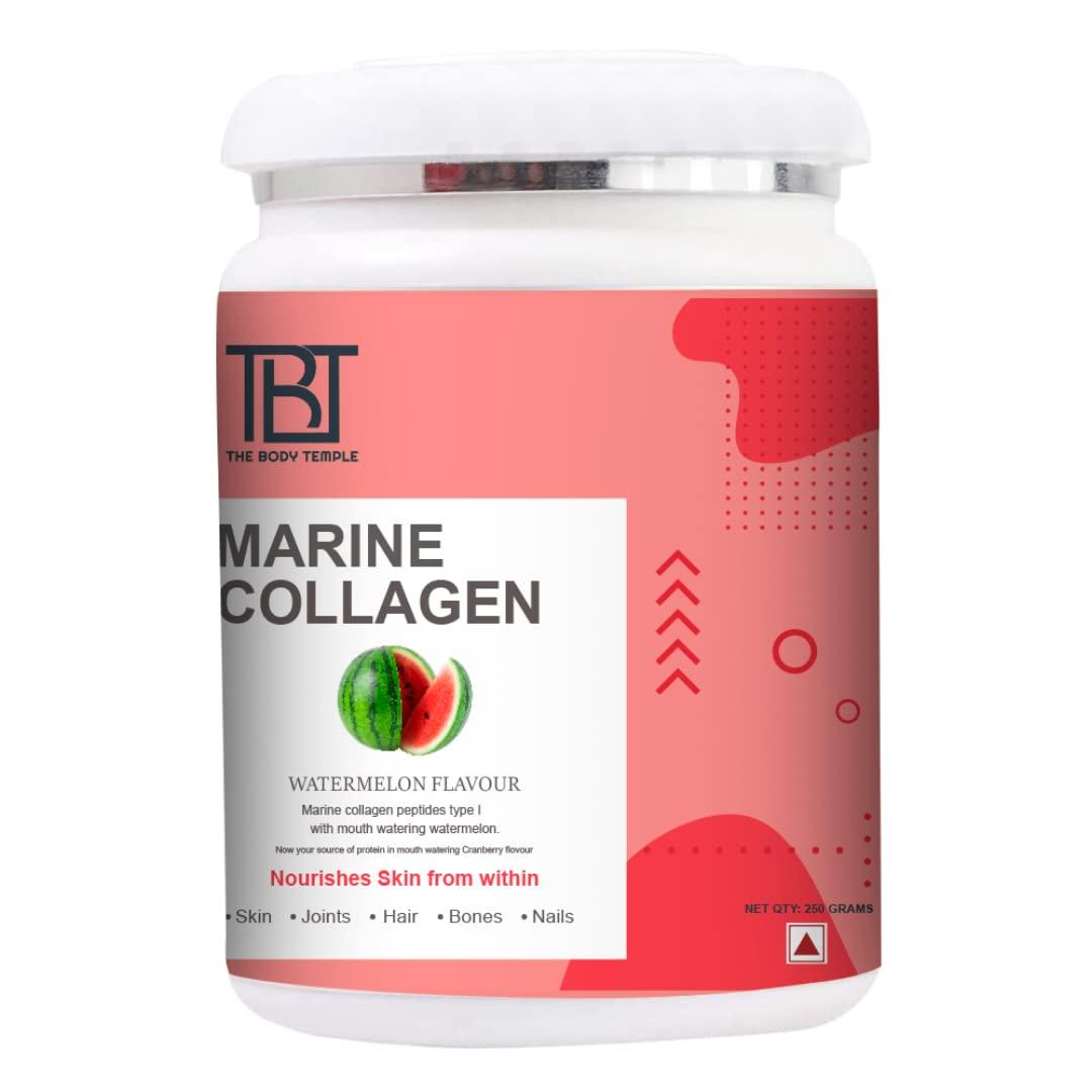 TBT The Body Temple The Body Temple Type I and III Marine Collagen with Hyaluronic Acid, Biotin & Vitamin C - No Smell - Easy to Mix - For Skin, Hair & Nails 250gm (Watermelon)