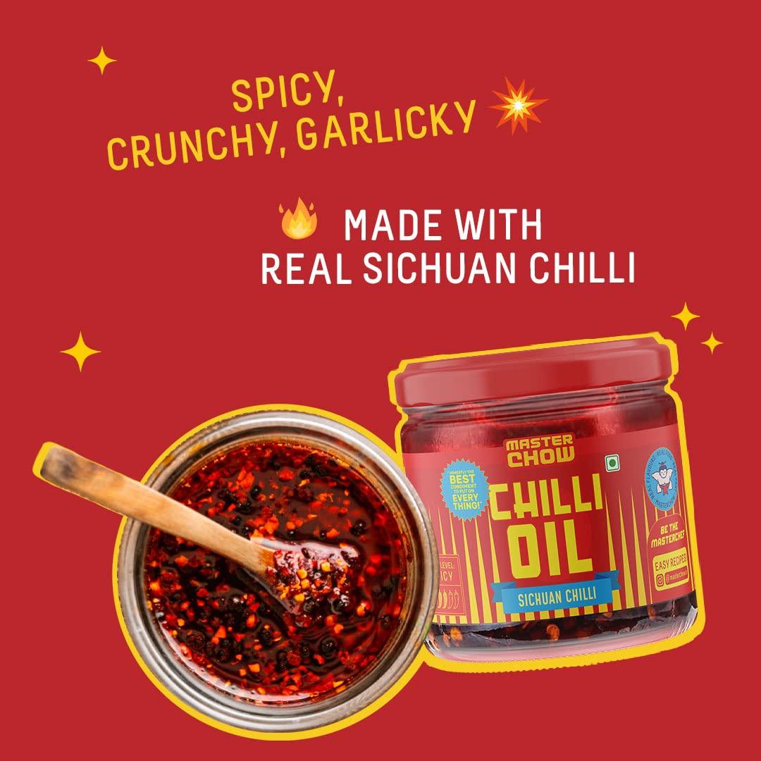 MasterChow MasterChow Crispy Chilli Chinese Combo - Hot Sichuan Chilli Oil & Crunchy Chilli Crisp | Made with Sichuan Peppercorns, Crunchy Garlic & Red Chillies | Eat With Momos, Pizza, Noodles | Pack of 2