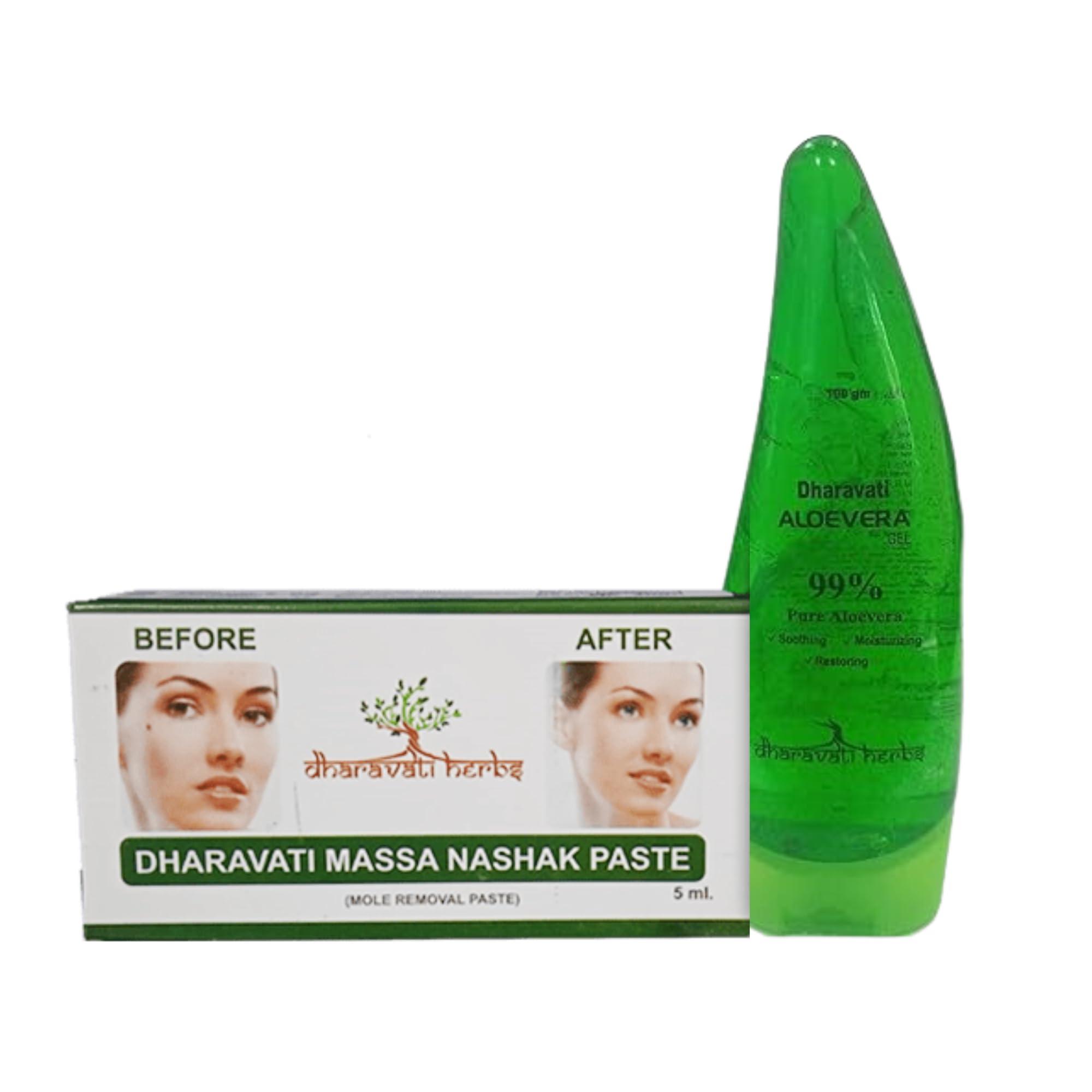 Dharavati Herbs DHARAVATI Combo Pack of Massa Removal Paste & Ayurvedic Aloe Vera Gel | Mole Removal Paste (5ml) | Ayurvedic & Herbal Aloe Vera Gel (100gm) | For Clean and Natural Glowing Skin