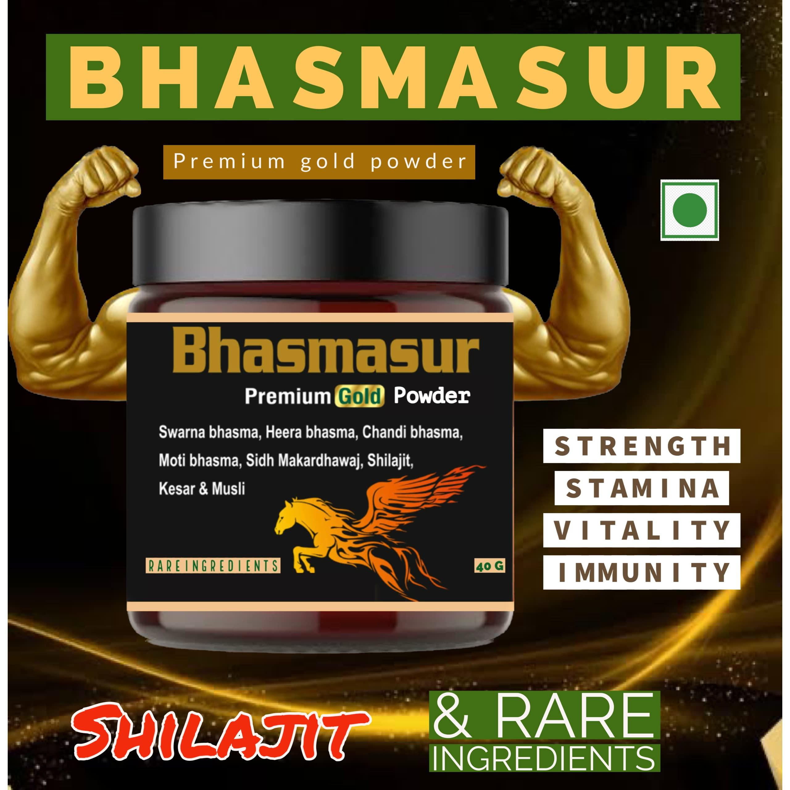 Global atharva ayurveda Bhasmasur Premium Gold 40 Men Vitality ,Ashwagandha,Musli,Swaran Bhasma,Heera Bhasma,Moti Bhasma,Kesar,Shilajit,Siddh Makardhwaj,Konch Beej,Salam Panja,Salam Mishri,Akarkara,Rumi Mastangi, 40 Gm