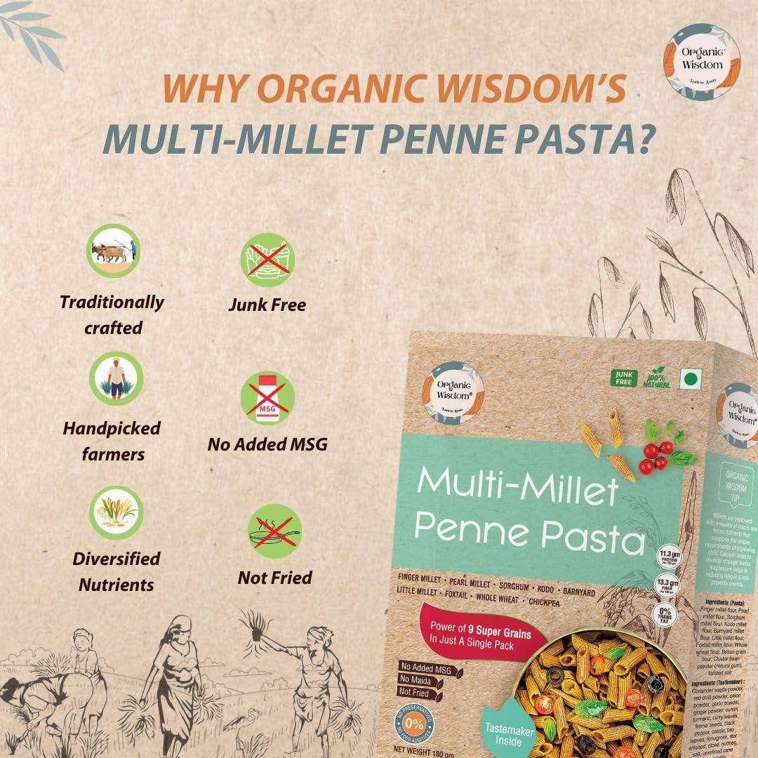 Organic Wisdom-Back to Roots Organic Wisdom-Back to Roots Multi-millet Penne Pasta | Protein rich pasta with 9 super grains | No Maida, Not Fried, No MSG|Sun Dried| 180 gm(pack of 1)