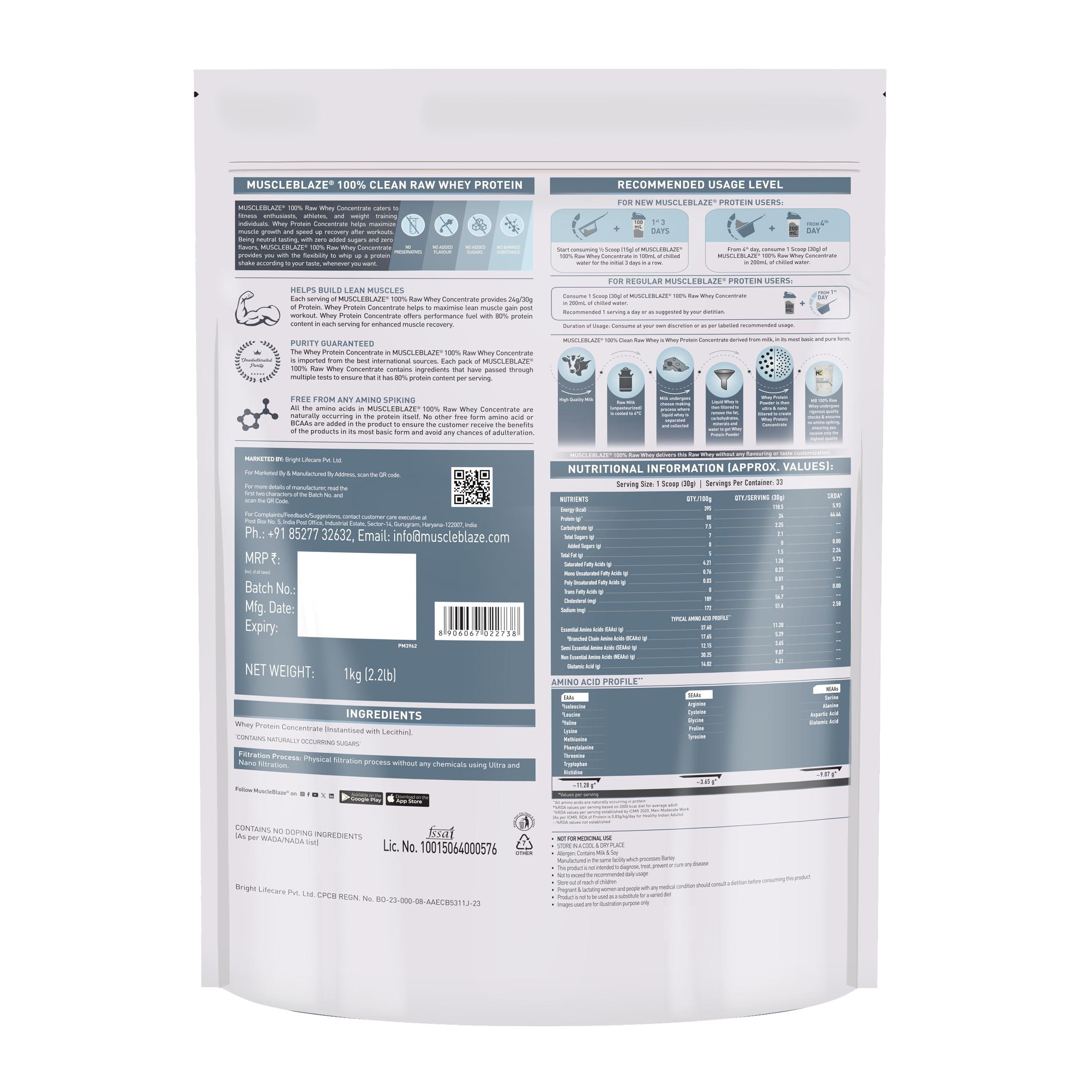 MuscleBlaze MuscleBlaze 100% Clean Raw Whey Protein Concentrate (Unflavoured, 1kg) | Easy to Digest